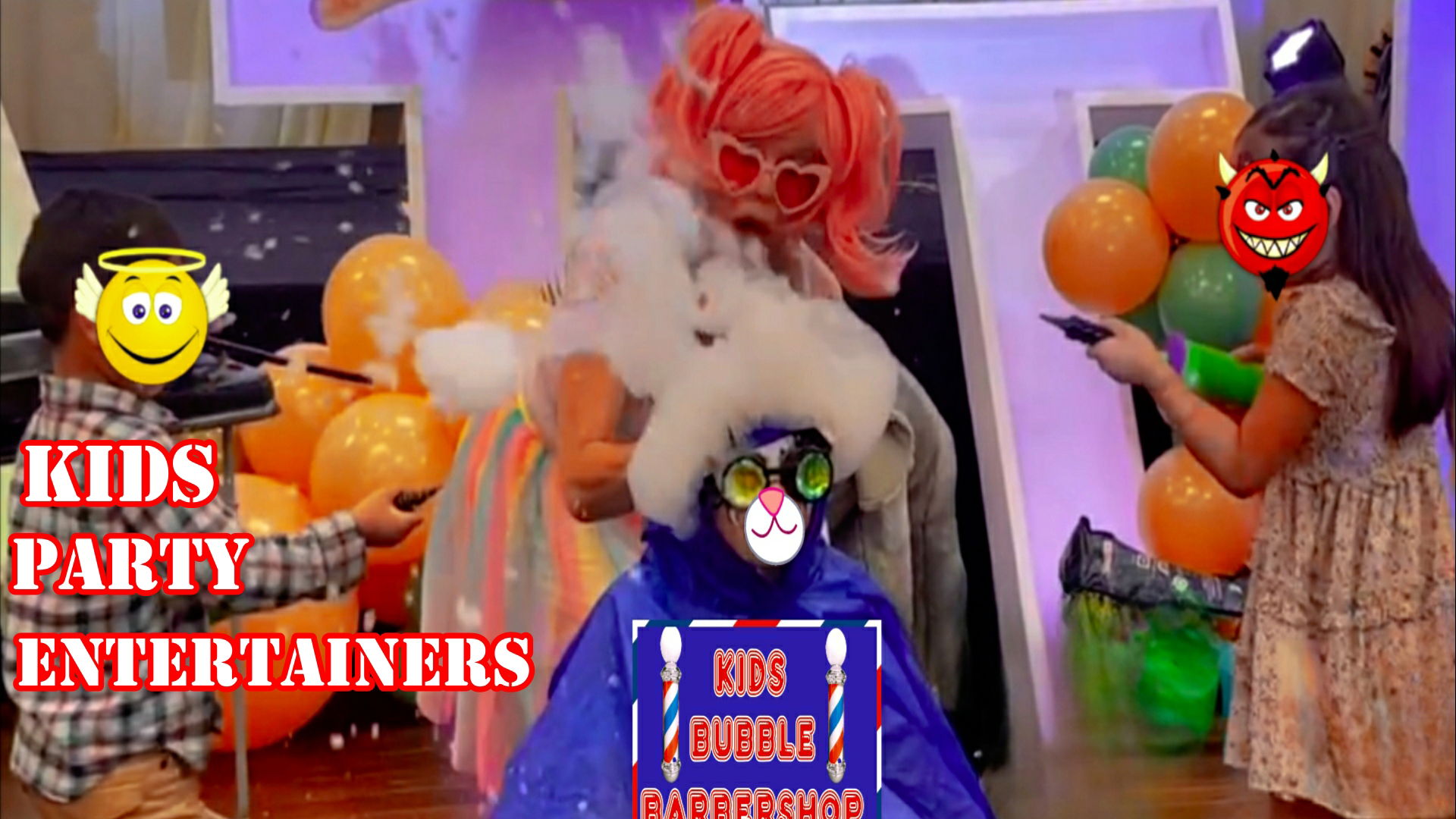 Kids enjoying a fun bubble barbershop comedy act during a children’s party entertainer show in Toronto, featuring bubbles, props, and interactive play.