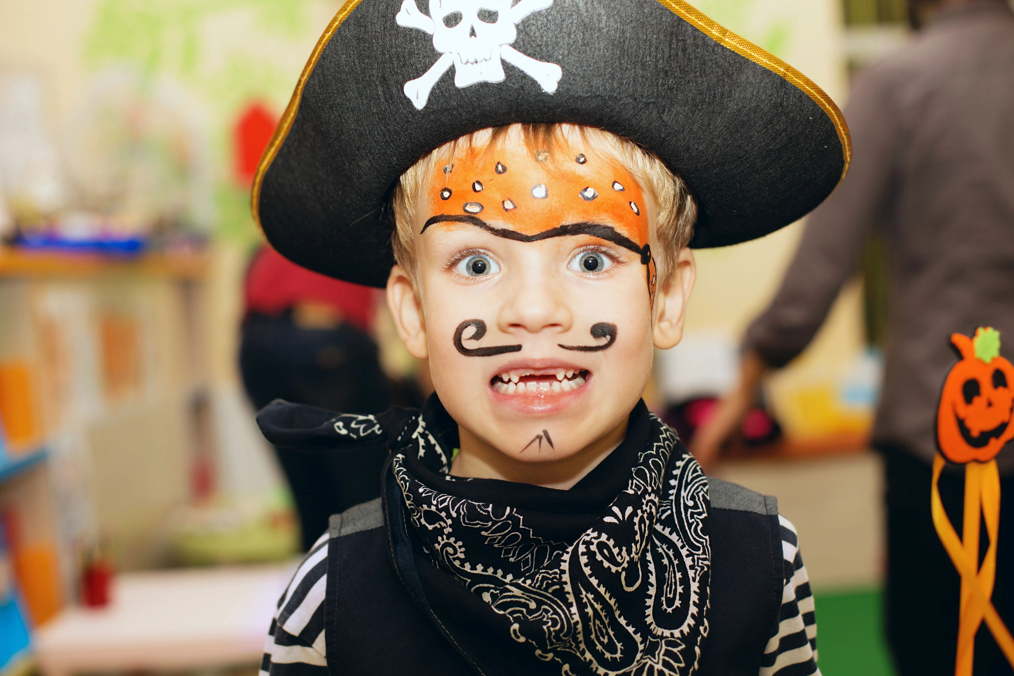 Child dressed as a pirate during a structured daycare pirate entertainment program in Toronto