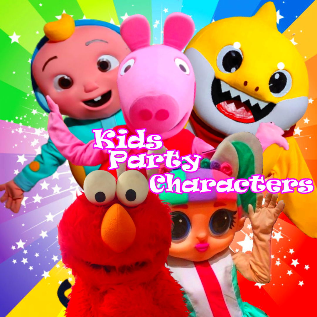 Kids party characters performing at a children’s party, featuring colorful cartoon mascot characters for kids party entertainment in Toronto.