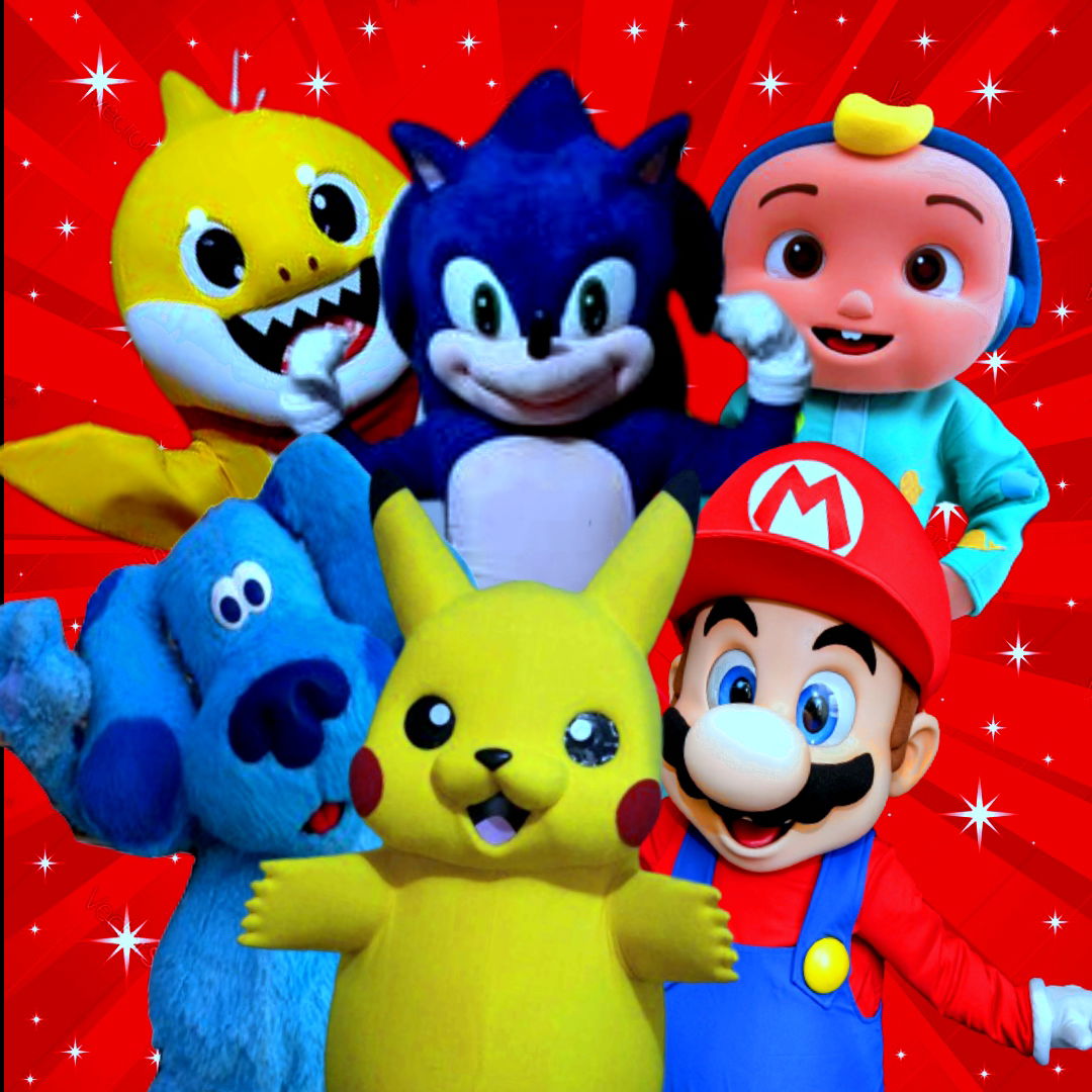 Kids party characters performing together, featuring colorful cartoon mascot characters for children’s party entertainment in Toronto.