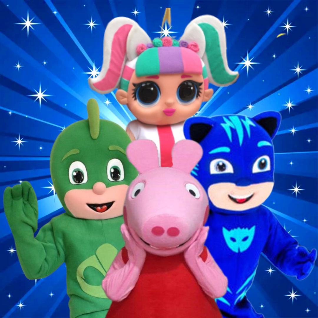 Kids party characters posing together, featuring colorful cartoon mascot characters for children’s party entertainment and daycare events in Toronto.