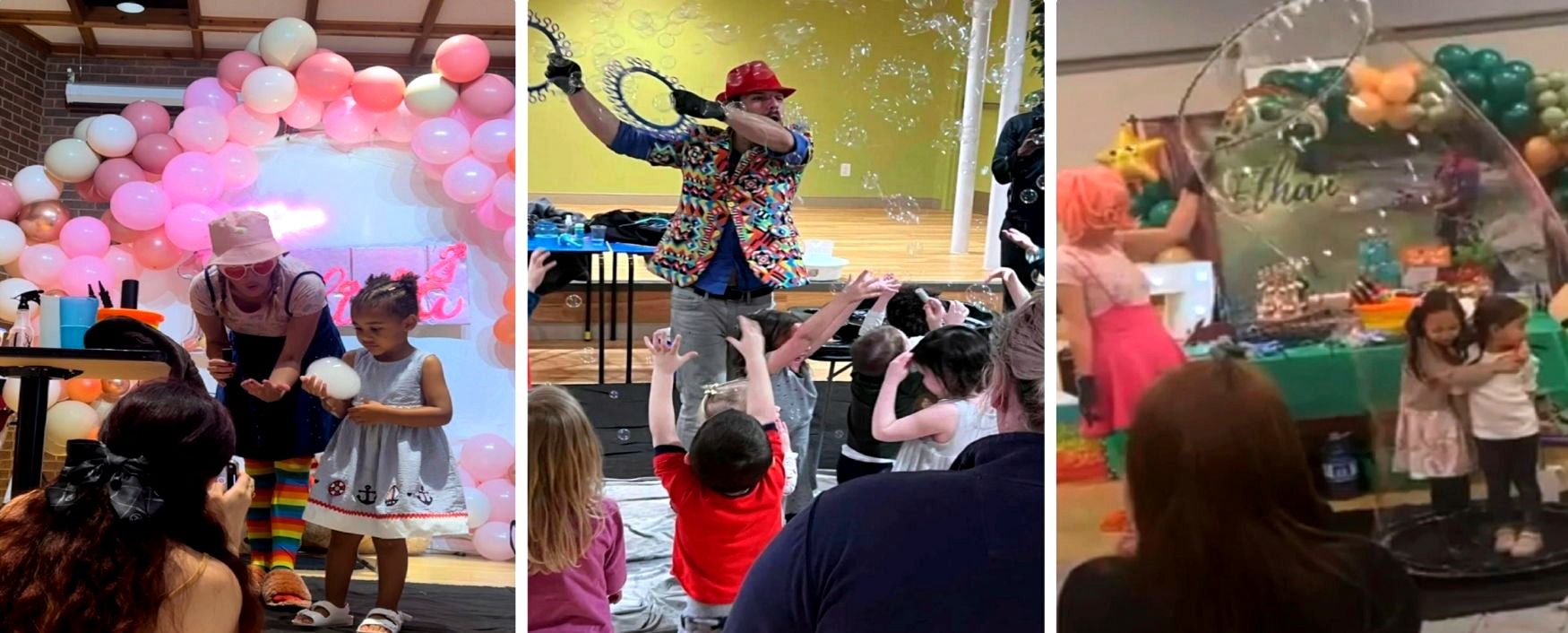 Children enjoying interactive bubble parties with giant bubbles and hands-on bubble entertainment at kids events in Toronto.