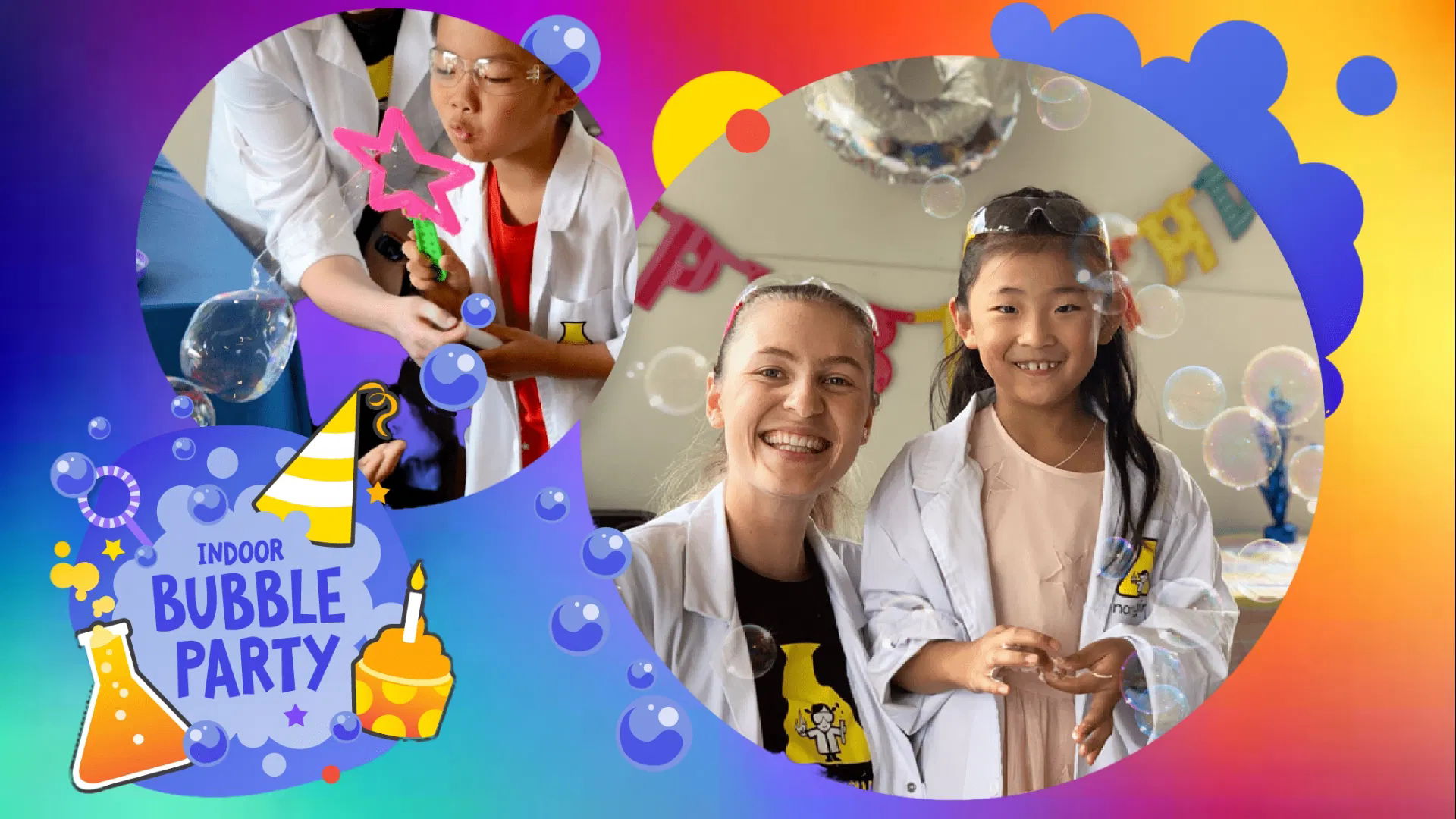 Children enjoying an indoor bubble science party with hands-on experiments and bubbles in Toronto.