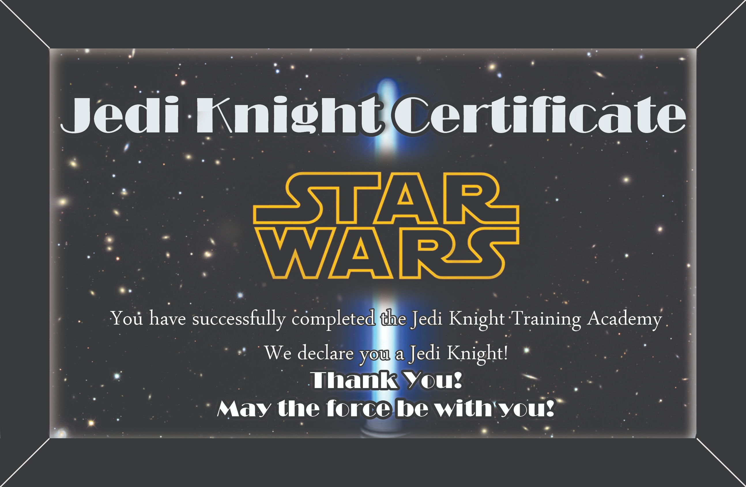 Jedi training certificate awarded to children after completing a themed kids party activity