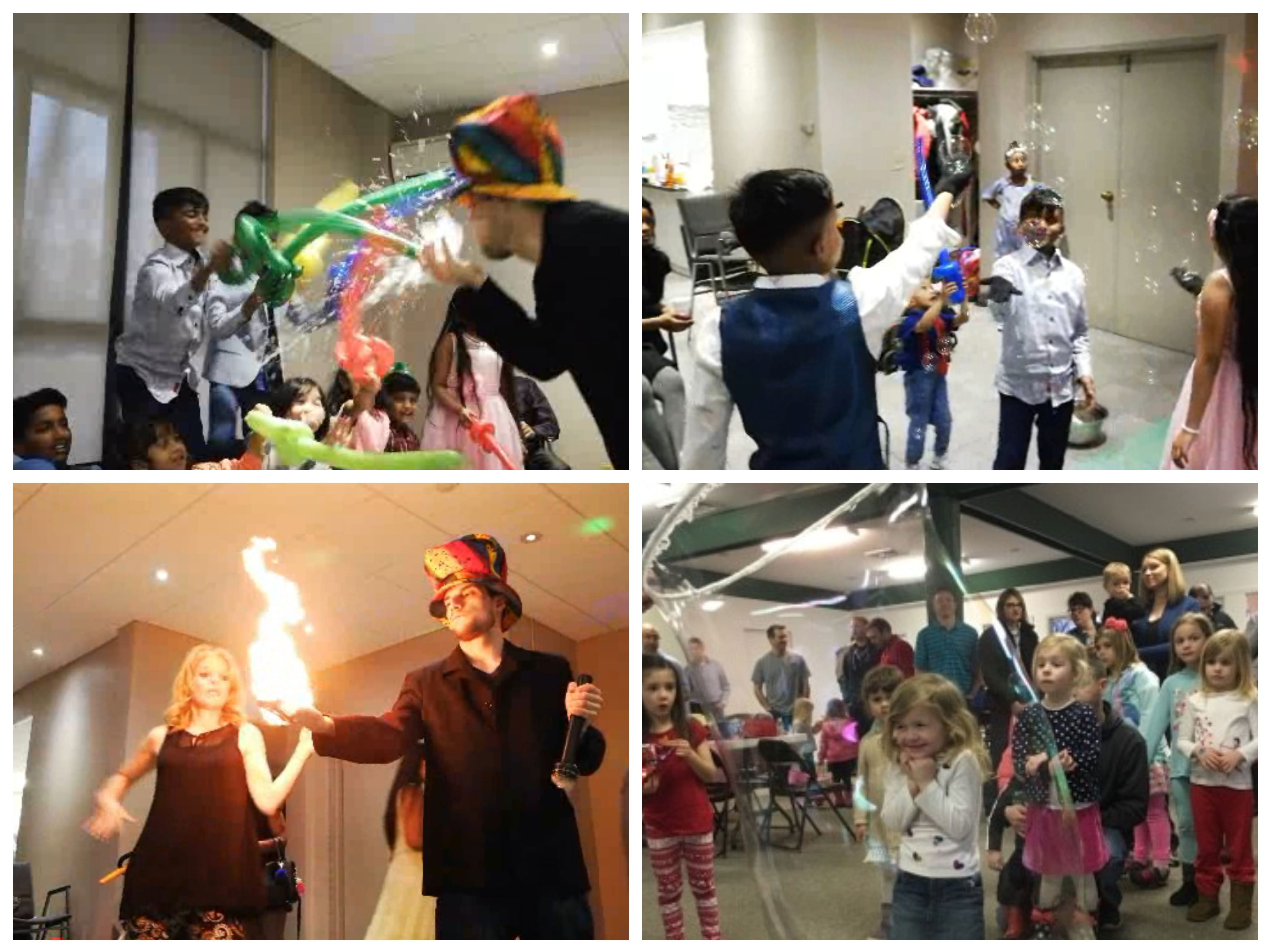Interactive kids bubble show in Toronto featuring giant bubbles, balloon fun, magic entertainment, and children participating at a birthday party.