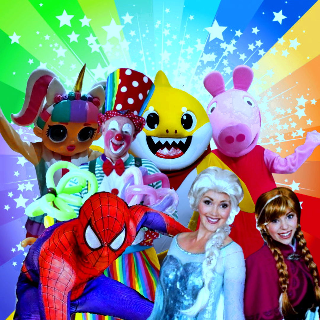 Kids party characters including Spiderman, princess and emoji mascot entertaining children at a Toronto birthday party