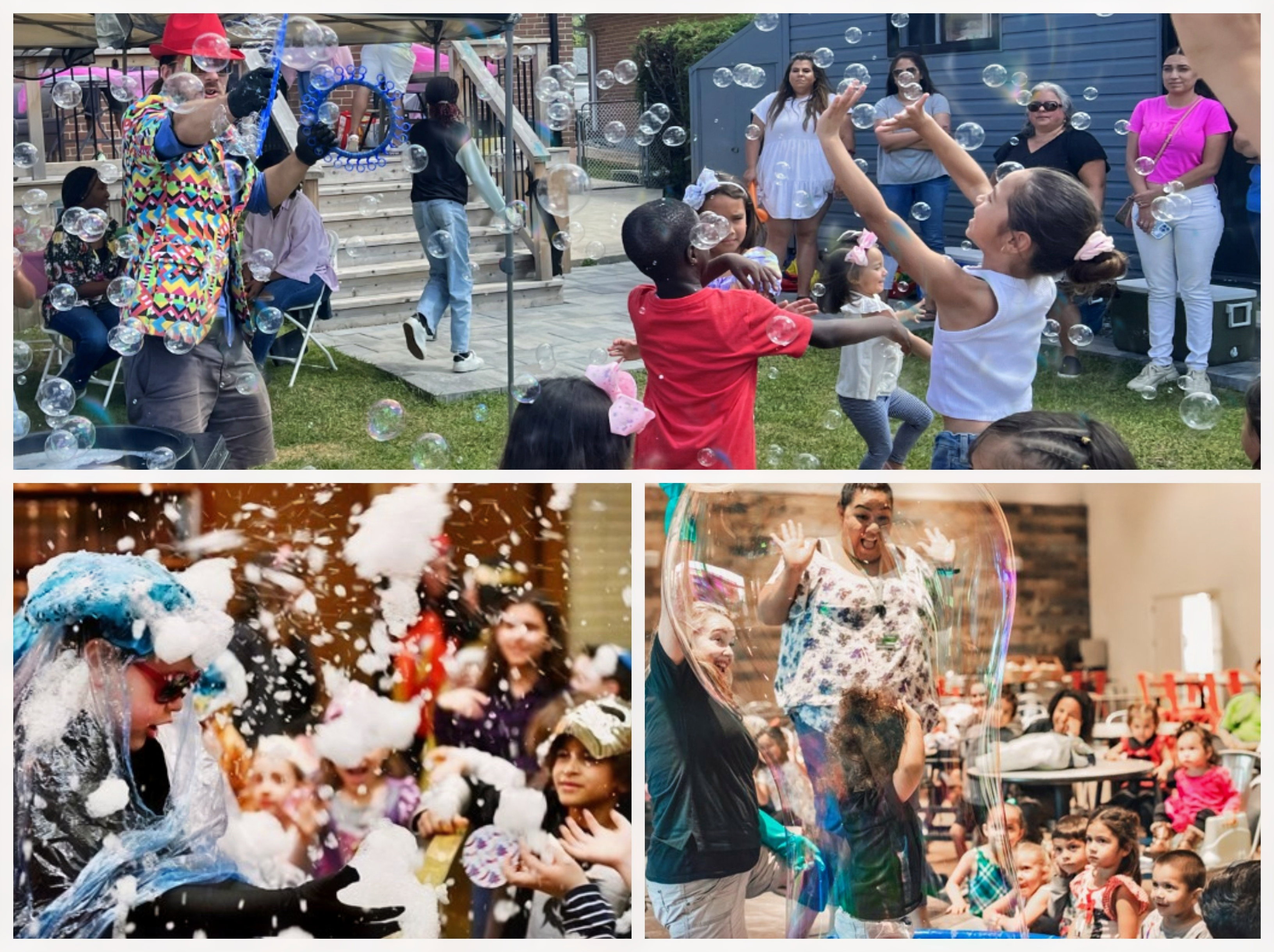 Children enjoying a bubble show at a birthday party in Toronto with giant bubbles and interactive entertainment