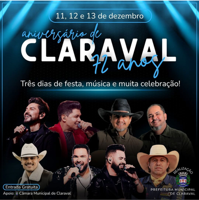 Claraval terá 3 dias de festa para comemorar seu aniversário de 72 anos.