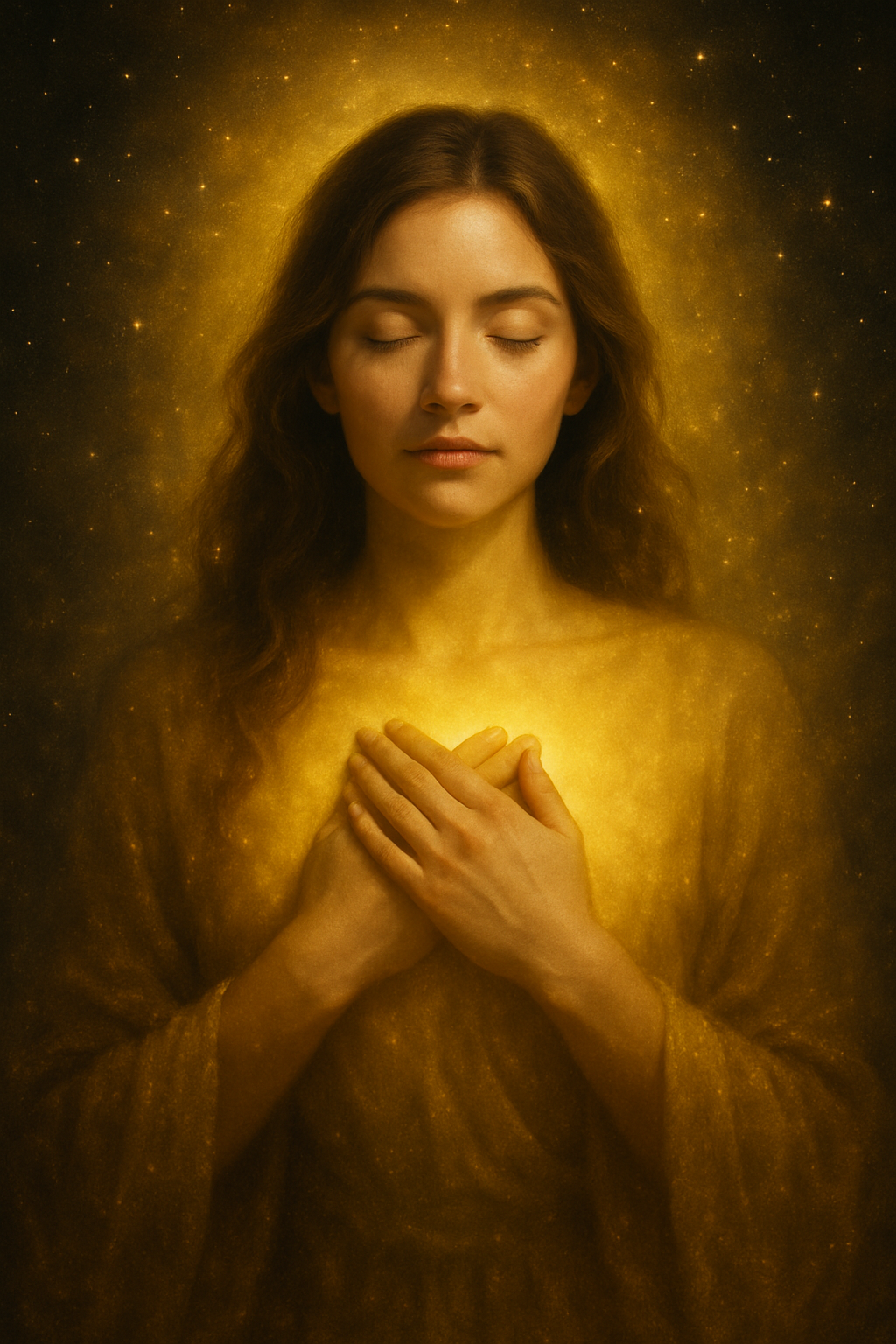 Donna con le mani poste sul cuore, circondata da luce dorata