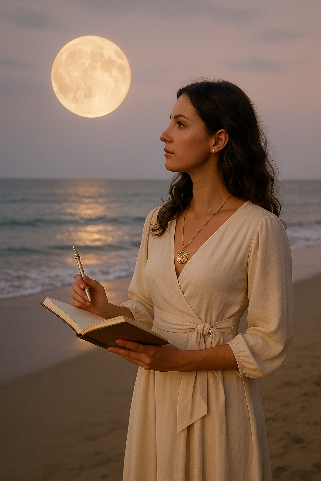 Nell'immagine c'è una donna in abito bianco, che osserva la luna piena. tiene in mano una penna e un diario.