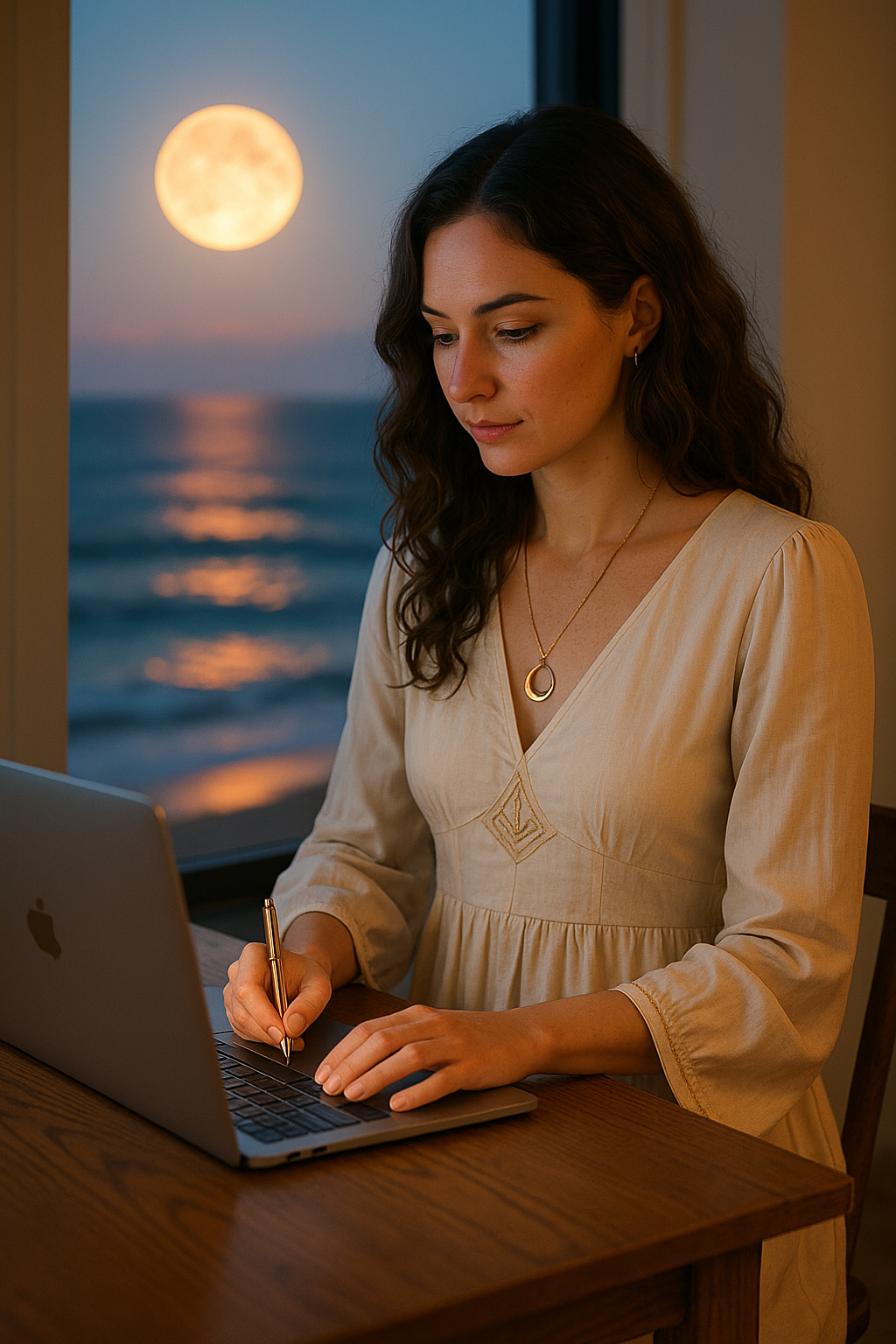 Donna vestita di bianco che scrive al pc