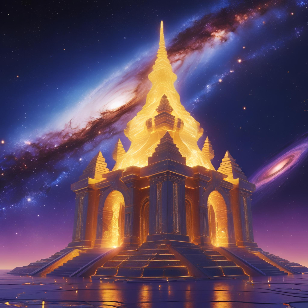 Tempio illuminato dall'interno con luce dorata. Sullo sfondo, appare la via Lattea