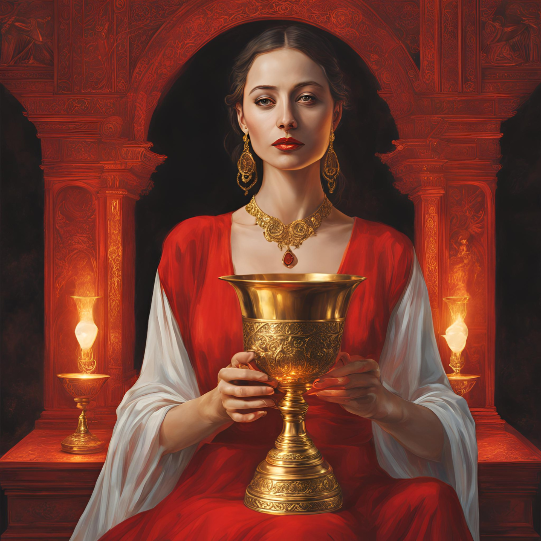 Maria Maddalena in abito rosso, con in mano una coppa dorata
