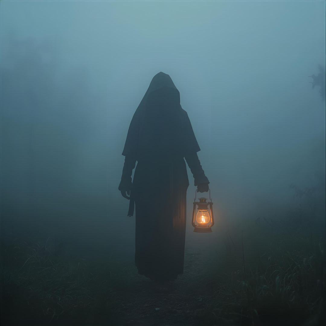donna che cammina nella nebbia con una lanterna in mano