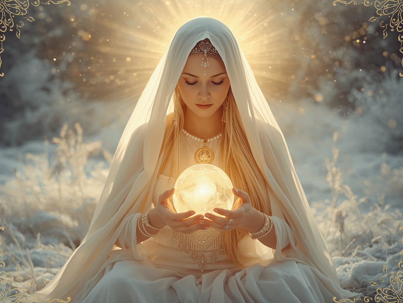 donna velata di bianco che tiene fra le mani il sole bambino. Archetipo dell'Ostetrica sacra