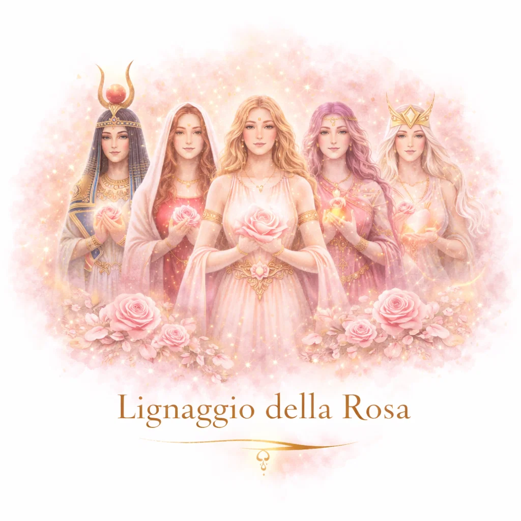 Donne in cerchio vestite di rosa, con la scritta Lignaggio della Rosa