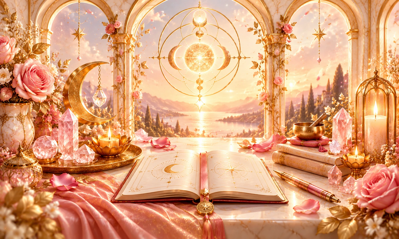 Libro aperto e sullo sfondo colonne di un tempio. Grafica esoterica e spirituale dedicata al percorso della Sacerdotessa della Rosa e al Lignaggio della Rosa Cristica. Contenuto creato da
