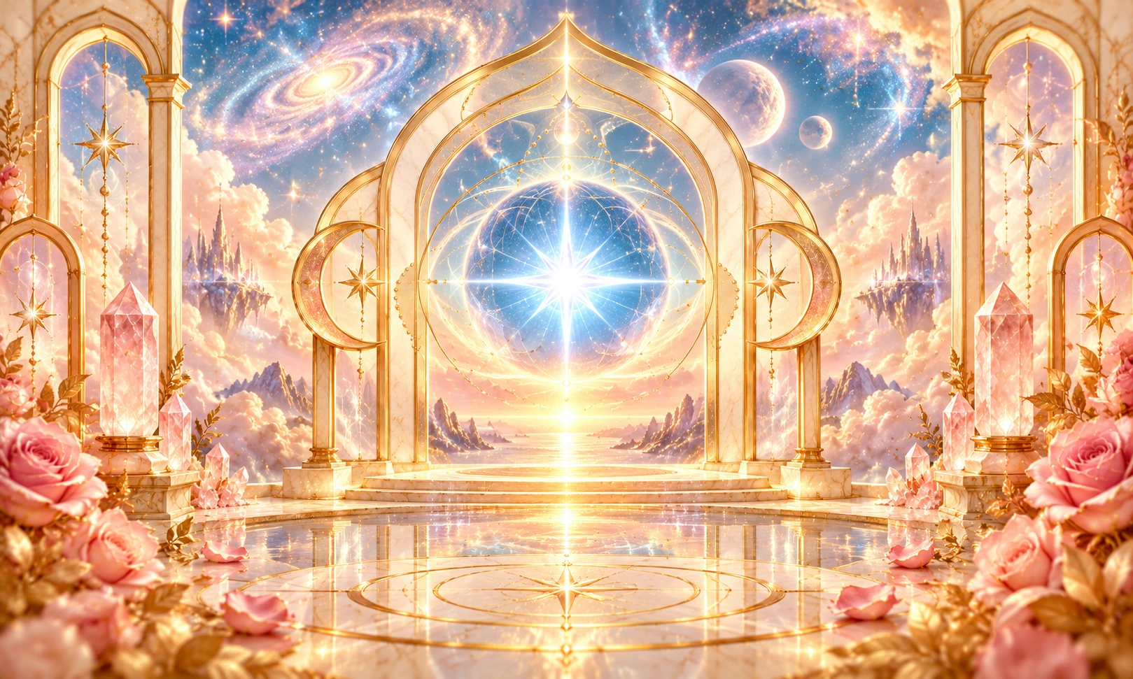 Immagine che richiama i colori del cosmo. Grafica esoterica e spirituale dedicata al percorso della Sacerdotessa della Rosa e al Lignaggio della Rosa Cristica. Contenuto creato da