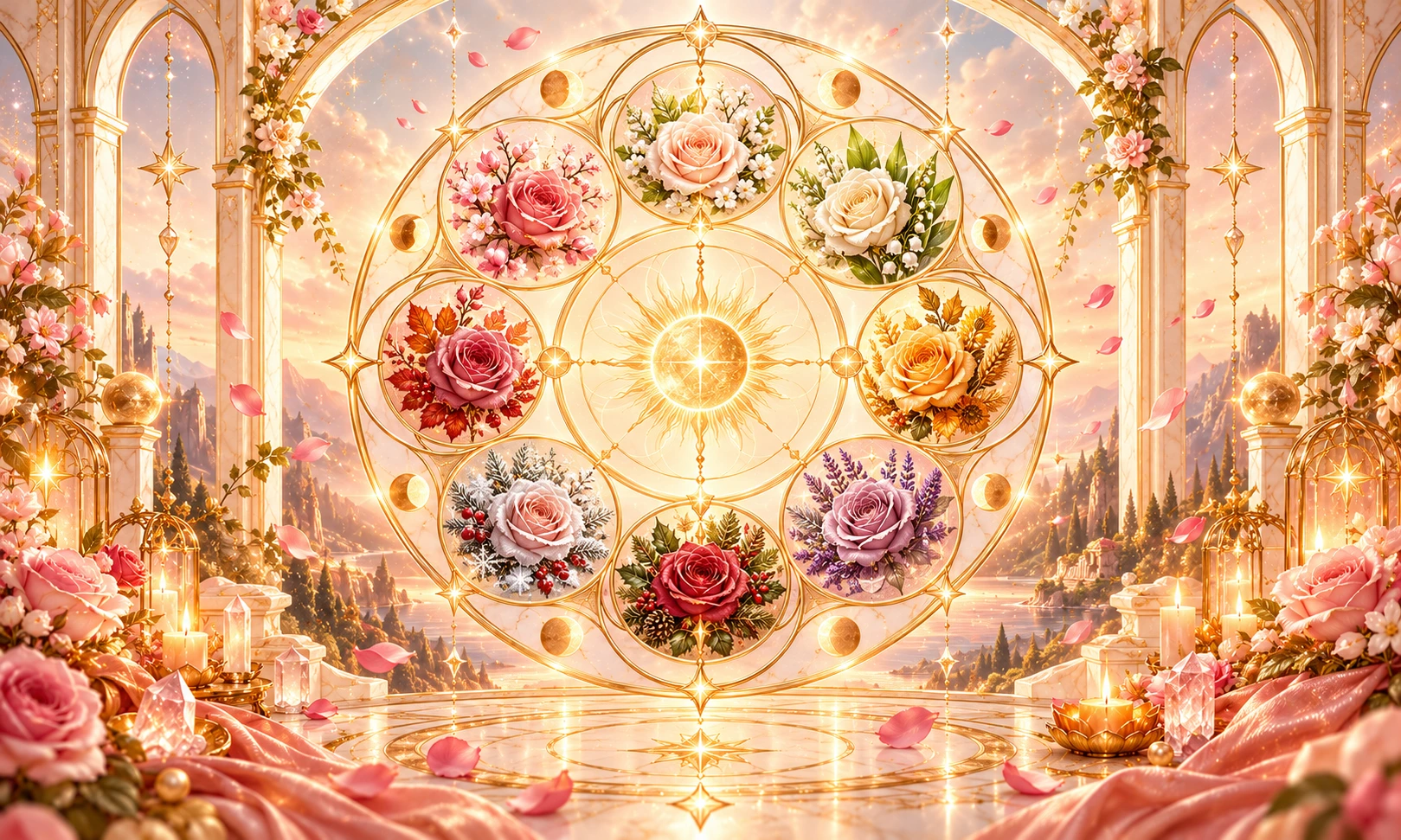 Otton rose disposte in cerchio a rapprentare visivamente la Ruota dell'anno. Grafica esoterica e spirituale dedicata al percorso della Sacerdotessa della Rosa e al Lignaggio della Rosa Cristica. Contenuto creato da