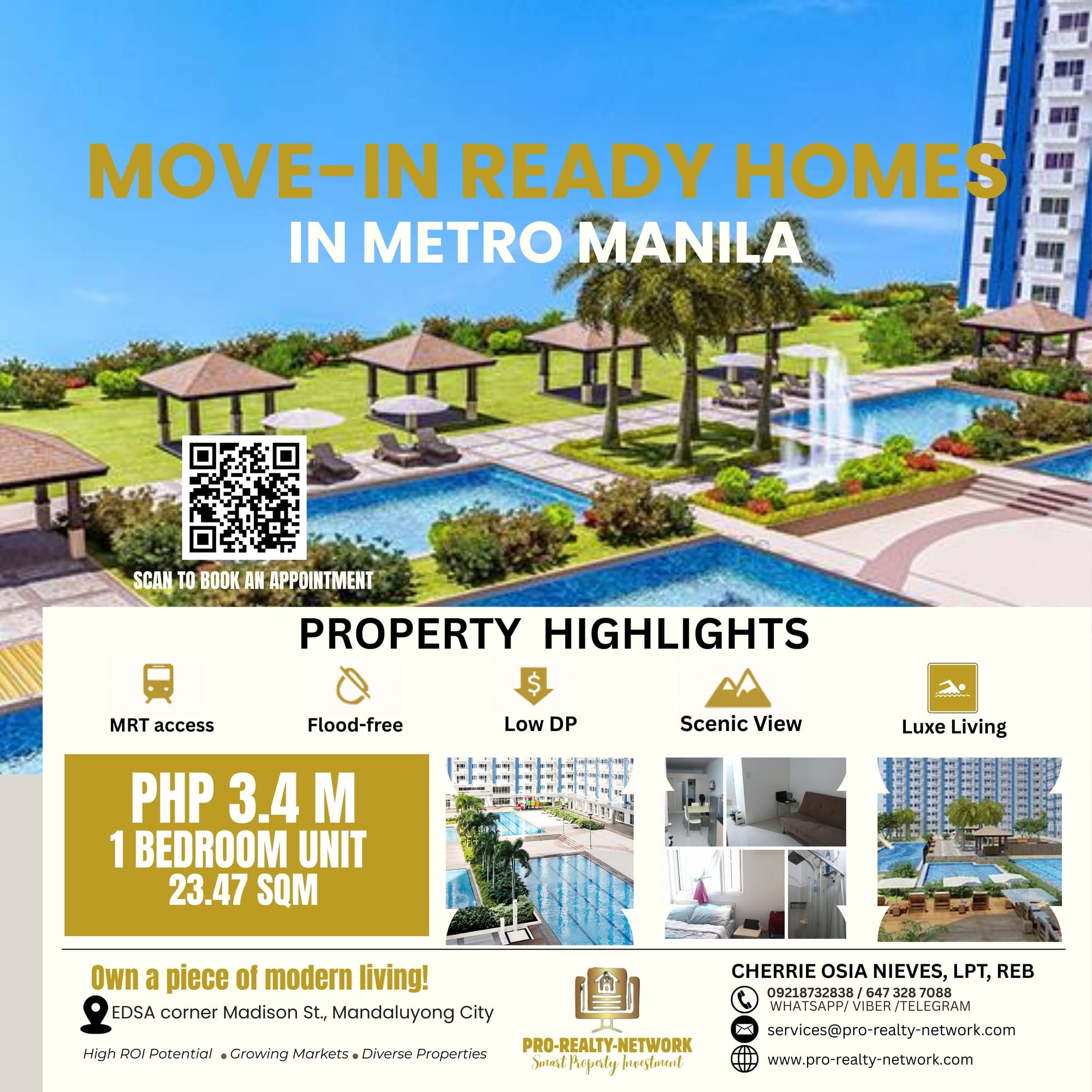 Move-In Ready Homes in Metro Manila – From ₱3.4M for a 1-Bedroom Unit at Light Residences! - Live in a secure, flood-free, and convenient location along the MRT line in Mandaluyong City—perfect for families, OFWs, investors, and first-time homeowners. Snag this move-in-ready 1-bedroom unit spanning 23.47 sqm in Tower 3 for just ₱3.4M NET, nestled right beside the EDSA-Boni MRT Station at EDSA corner Madison St., Mandaluyong City, a flood-free gem crafted by SMDC, a trusted name in Philippine real estate. This prime spot offers unbeatable connectivity to Makati, Ortigas, and Metro Manila’s key hubs, with the Light Mall downstairs delivering a supermarket, restaurants, a cinema, National Bookstore, and coffee shops at your fingertips. Dive into luxe living with two lap pools, two kiddie pools, a 10th-floor gym, and a scenic 8th-floor garden with gazebos—pool access is free for up to 4 registered owners (guests pay ₱150/head)—all within a secure, gated community backed by 24/7 security and updated monthly dues and real estate property taxes (RPT). 


Priced at ₱3.4M NET with a remaining bank financing balance of approximately ₱800k, this unit comes with basic furnishings from SMDC, minor repairs (two floor tiles) set for April 2025, and flexible payment options—pay cash or assume the ₱800k balance—making it ready for you or your tenants now. Designed for up to 4 people (no pets allowed), its modern 23.47 sqm layout maximizes functionality, offering scenic city views and prestige amenities like a kids’ playground and vast open spaces, perfect for young professionals, couples, or small families craving style and practicality. Just minutes from SM Megamall (1.2 km), The Medical City (4-5 km), and Ortigas Center (5-10 mins), as noted on SMDC’s site (https://smdc.com/properties/light-residences/), this property blends urban energy with community serenity, ensuring a smooth ownership experience with a Special Power of Attorney (SPA) and Authority to Sell (ATS) held by the managing broker. Ready to own this hassle-free investment or dream home? Contact Cherrie Osia Nieves, LPT, REB, at 09218732838 or 647 328 7088 (Phone/WhatsApp/Viber), email services@pro-realty-network.com, or visit www.pro-realty-network.com to schedule a viewing—don’t miss your chance to secure this Mandaluyong masterpiece today!