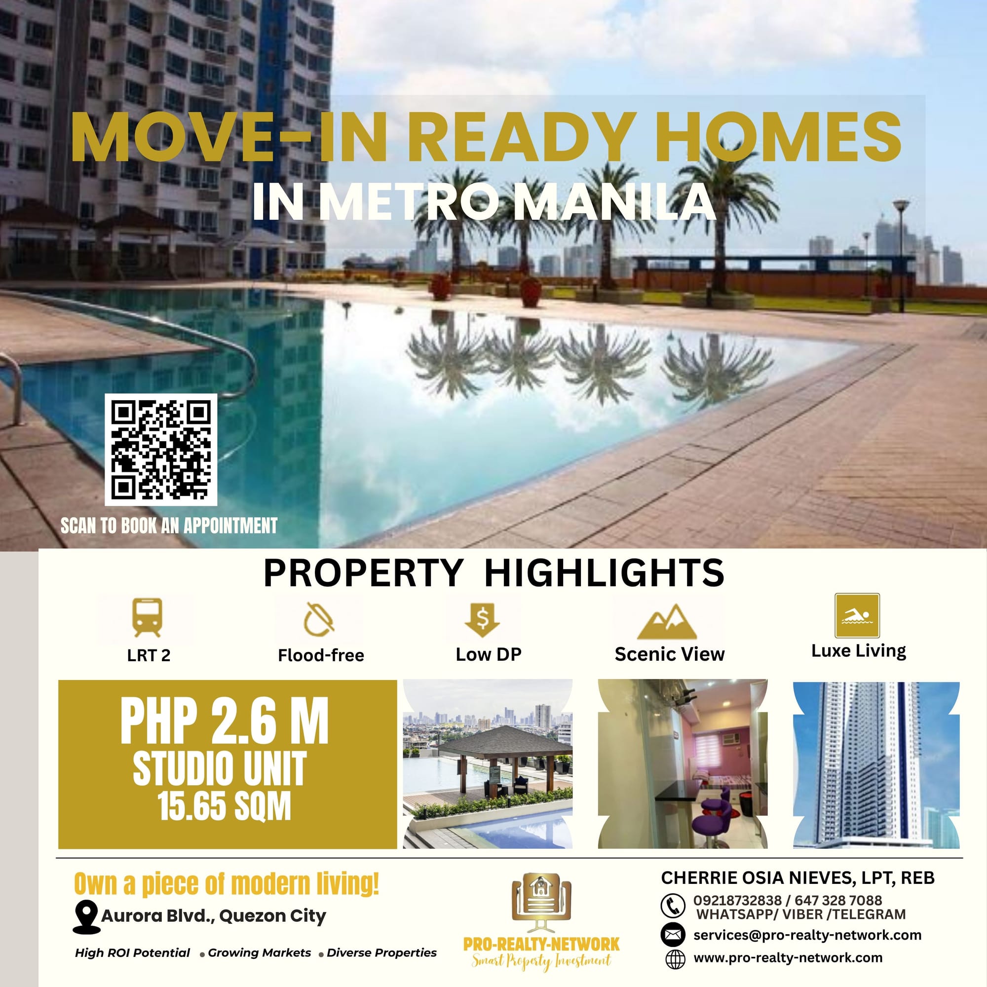 Mezza 2 Residences – Move-In Ready Studio Unit for Only ₱2.6M! - Dreaming of luxe living in the heart of Quezon City? This fully fitted 15.65 sqm studio unit at Mezza 2 Residences, developed by SMDC, is yours for just ₱2.6M NET! Strategically located at Aurora Blvd., Cor. Guirayan St., Brgy. Imelda, this modern home offers a prime location steps away from LRT stations, malls, dining, and entertainment—perfect for young professionals, small families, Overseas Filipino Workers (OFWs), investors, and first-time homeowners. Move-in ready with basic furnishings and no flaws, this cozy space comes with a clean title, updated real estate property taxes until 2027, and monthly condo dues conveniently paid online for hassle-free ownership. Enjoy a flood-free, safe, and secured community with prestige amenities, including free access to a lap pool, kiddie pool, garden, gazebo, and a spacious roofdeck study area—ideal for relaxation or productivity. Accommodating up to 4 people, this unit blends functionality with scenic views, making it a smart investment or a chic urban retreat. Don’t miss out on this opportunity to own a piece of modern living in a vibrant, connected neighborhood! Contact our licensed broker, Cherrie Osia Nieves, LPT, REB, at 09218732838 (Phone/WhatsApp/Viber) or email services@pro-realty-network.com to schedule a viewing today. Visit www.pro-realty-network.com or explore the vibe at SMDC Mezza 2 Residences—secure your dream home now!