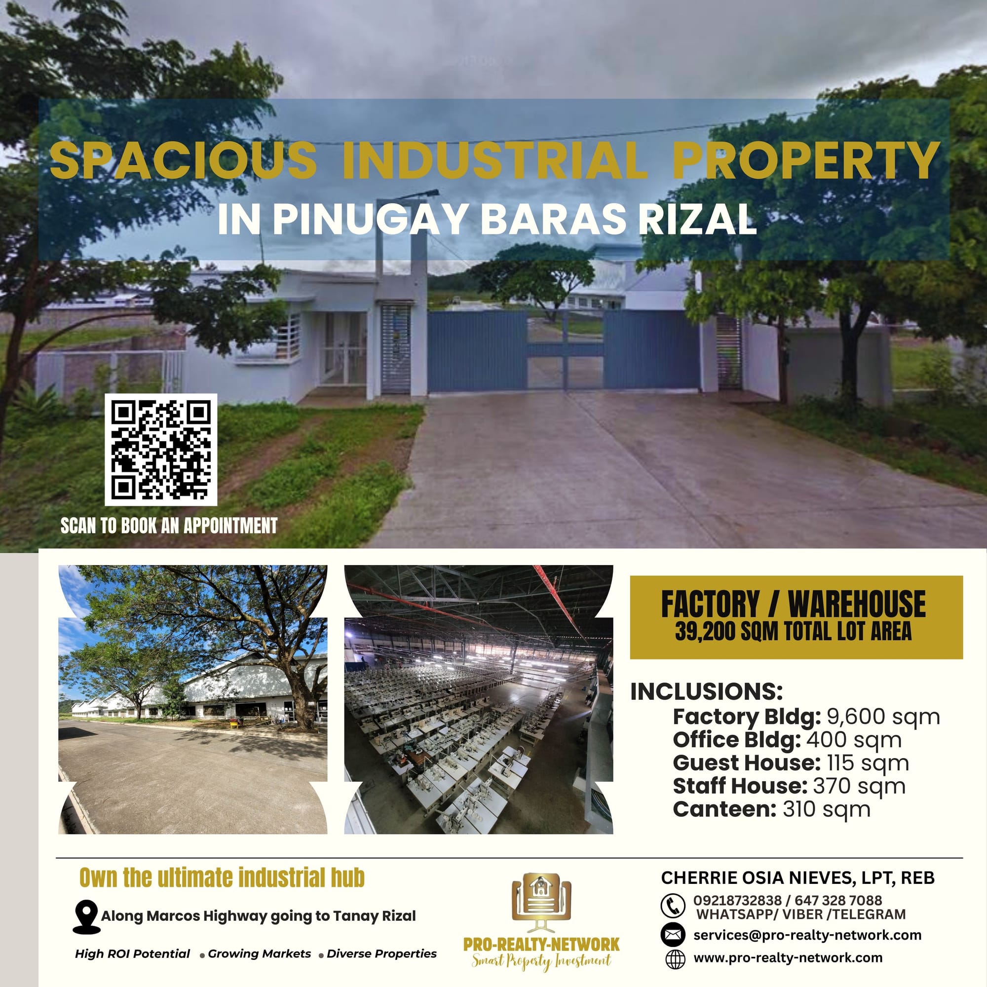 Move-in Ready  Spacious Factory / Warehouse  in Pinugay, Baras, Rizal – Industrial Investment Opportunity - Discover the ultimate industrial opportunity with this expansive 39,200 sqm factory/warehouse property in the thriving community of Pinugay, Baras, Rizal, designed to unleash your business potential. This powerhouse features a massive 9,600 sqm factory building equipped with fire sprinklers, industrial-grade cooling, and exhaust fans, ensuring optimal operations for manufacturing, warehousing, or large-scale distribution. Complementing the factory is a sleek 400 sqm office building, a cozy 115 sqm guest house, a spacious 370 sqm staff house, and a 310 sqm canteen, providing everything your team needs to thrive. The property also includes three deep wells, water storage, a pressure tank, and a loading bay capable of handling two 40-footer container trucks, making it a logistics dream come true. Nestled in a growing hub surrounded by established developers like Sta. Lucia, Hillsview Royale, and BRIA Homes, this property offers a strategic blend of industrial growth and residential appeal. Its prime location ensures easy access to major roads, proximity to Tanay’s scenic landscapes, and a serene environment that balances work and lifestyle. Move-in ready and owned by a corporation with a clean title, this industrial marvel is perfect for businesses looking to expand or investors seeking high potential in Rizal’s booming market. With well-maintained buildings and staff-friendly facilities, it’s an ideal setup for productivity and growth. Ready to transform this property into your next big success? Contact our licensed broker, Cherrie Osia Nieves, LPT, REB, at 09218732838 or via email at services@pro-realty-network.com to inquire about pricing and schedule an exclusive site visit. Visit www.pro-realty-network.com for more details. Note: Machines and equipment not included.