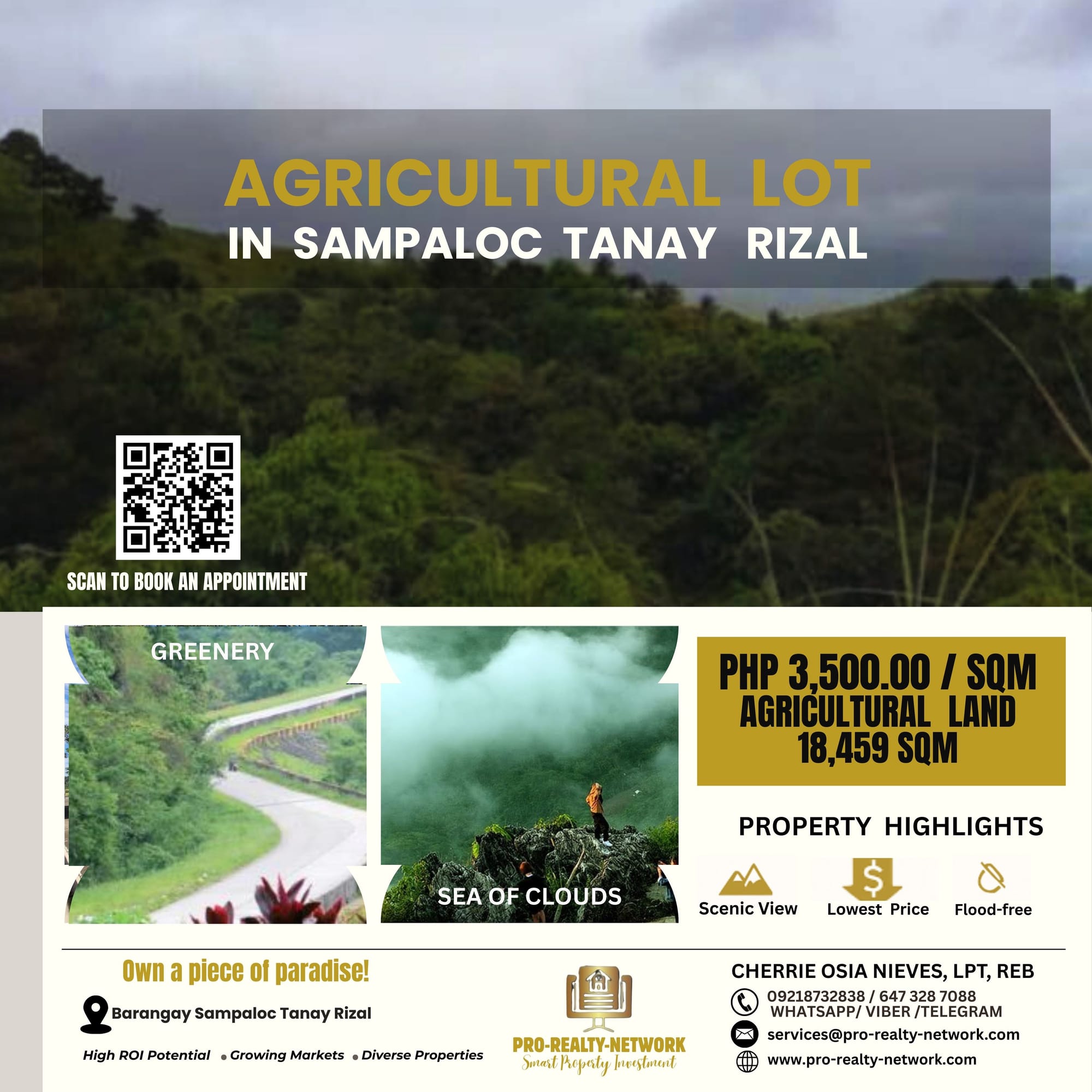 Prime Business Investment Agricultural Property in Sampaloc, Tanay, Rizal - Unlock a world of opportunity with this prime property for sale in Sampaloc, Tanay, Rizal—your gateway to nature’s paradise! Nestled in the serene and picturesque landscape of Sampaloc, Tanay, Rizal, this expansive 18,459 sqm lot, priced at ₱3,500 per sqm (negotiable), offers a clean title with updated real property taxes, ensuring a seamless acquisition process. Perfectly positioned adjacent to the prestigious Pranjetto Resort Hills and Conference Center, this lot boasts scenic views, and the lush greenery of Tanay, making it an ideal canvas for dreamers, developers, and investors—particularly OFW investors and foreigner part-owners looking to tap into a thriving tourism hub. As a tourist destination hotspot, it’s surrounded by Tanay’s renowned attractions like Daranak Falls, Calinawan Cave, and the Sierra Madre mountains, catering to nature lovers and adventurers. This flood-free and serene haven, enveloped by rolling hills and the enchanting “sea of clouds,” provides a peaceful escape, while its strategic location next to Pranjetto Resort ensures proximity to established amenities and a steady flow of visitors. The property’s natural beauty can be developed into a stunning feature like Pranjetto’s, offers versatile development options—perfect for a farm lot, resort, pocket subdivision, campsite, or future investment, delivering high ROI potential for OFWs and foreign investors. Sampaloc, Tanay, Rizal, is a hidden gem known for its cool climate, serene ambiance, and proximity to Metro Manila, making it a sought-after weekend getaway for relaxation and recreation. Tanay’s reputation as a premier destination for events, relaxation, and nature-based tourism positions this 18,459 sqm lot as a prime investment in a region poised for growth, ensuring future value appreciation in the Philippines’ growing real estate market. Whether you envision a private retreat, a family-friendly resort, or a community-focused development, this property provides the perfect foundation to bring your dreams to life amidst one of the country’s most beautiful natural landscapes. Ready to turn your vision into reality? Contact our licensed broker, Cherrie Osia Nieves, LPT, REB, at 09218732838 or via email at services@pro-realty-network.com to learn more or schedule a site visit, and explore further details at www.pro-realty-network.com—don’t miss your chance to secure this prime property and build your dream project in one of the Philippines’ most enchanting destinations!