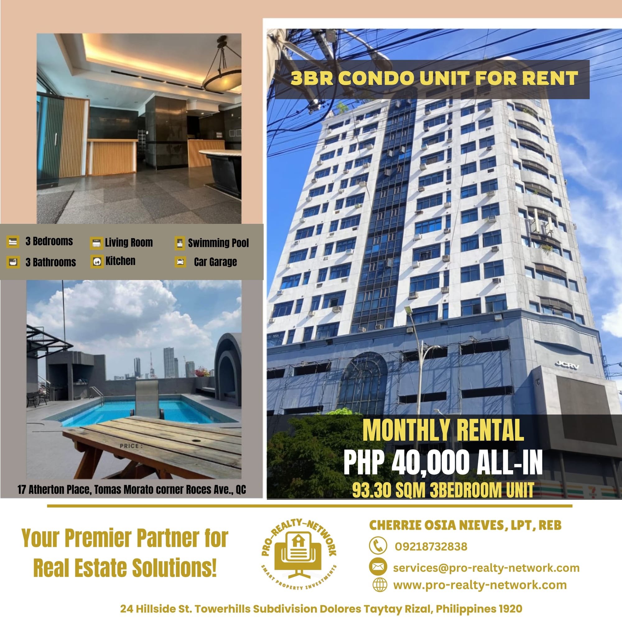 Upgrade Your Space: 3BR Condo for Rent in Prime QC Location – Atherton Place, Tomas Morato