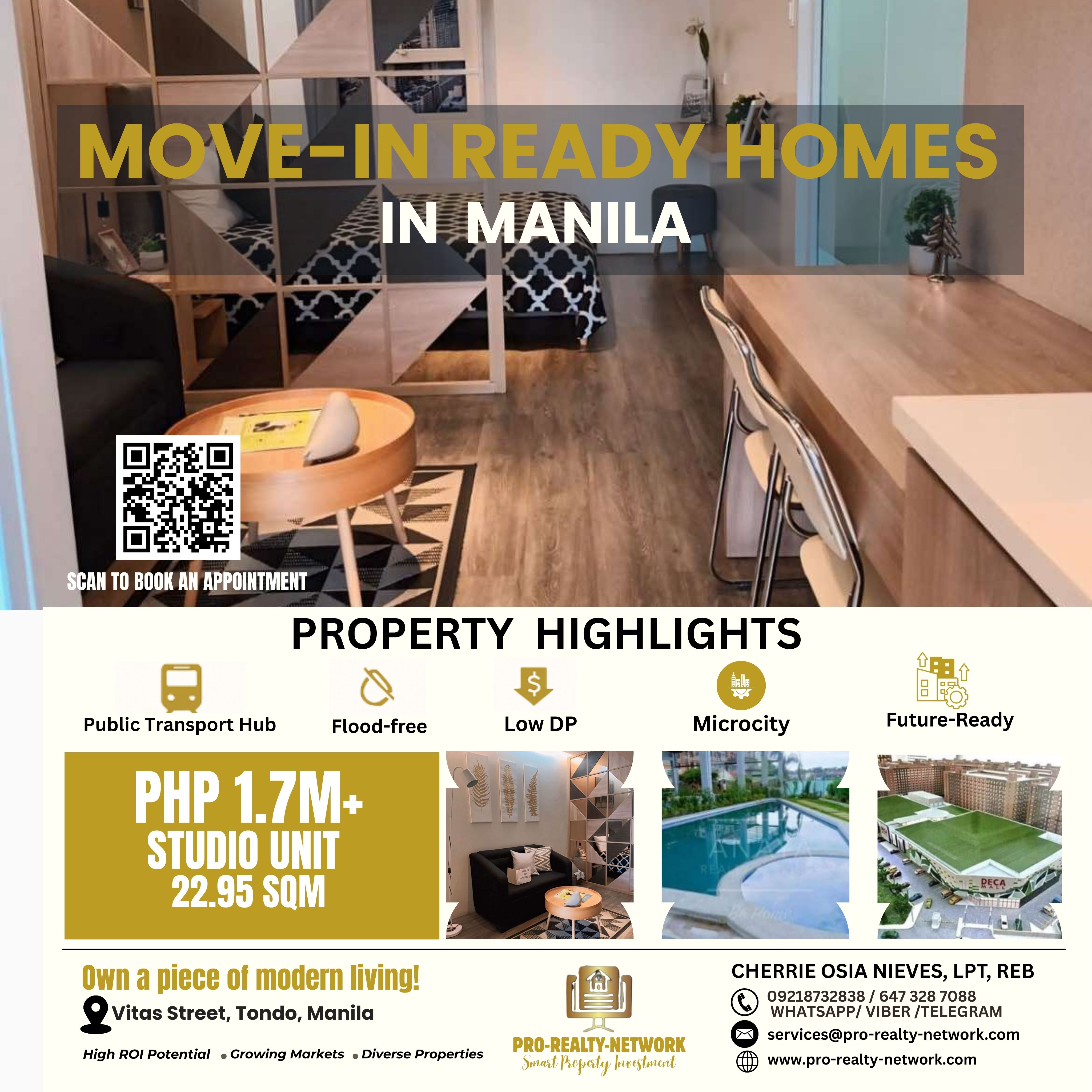 Are you seeking a smart investment that offers immediate returns? Urban Deca Homes Manila presents an exceptional opportunity to own a move-in ready unit in a prime location, perfect for generating income through Airbnb rentals.  🏙️ Prime Location for High Occupancy Situated along Vitas Street in Tondo, Manila, Urban Deca Homes Manila is strategically located near commercial hubs, educational institutions, and transportation centers. This central location ensures a steady flow of potential Airbnb guests, from business travelers to tourists exploring the city.  🏠 Move-In Ready Units Each unit is delivered fully finished, allowing you to start your Airbnb business immediately without the hassle of renovations. Features include tiled flooring, painted walls, kitchen counters with base cabinets, and complete bathroom fixtures.  💰 Affordable Investment Options Urban Deca Homes Manila offers various unit types to suit different investment capacities:  Studio Unit (approx. 22.95 sqm) Price: ₱1.7M+ Monthly Amortization: As low as ₱10,000 1-Bedroom Unit (approx. 27.42 sqm) Price: ₱2.1M+ Monthly Amortization: As low as ₱12,000 2-Bedroom Unit (approx. 32.17 sqm) Price: ₱3.1M+ Monthly Amortization: As low as ₱18,000 Reservation fees are ₱10,000 for Studio and 1-Bedroom units, and ₱15,000 for 2-Bedroom units.  📊 Airbnb Income Potential Based on current Airbnb listings in the area, similar units are rented out at an average of ₱1,700 per night. Assuming a conservative occupancy rate of 60% (18 nights per month), here's a sample computation:  Monthly Income: ₱1,700 x 18 nights = ₱30,600 Less Estimated Monthly Amortization: ₱10,000 (Studio Unit) Net Monthly Income: ₱20,600 This income not only covers your monthly amortization but also provides additional profit, making it a self-sustaining investment.  🏢 Amenities to Attract Guests Urban Deca Homes Manila offers amenities that enhance the appeal of your Airbnb listing:  Swimming Pool Basketball Court Function Hall On-site Mall with grocery stores, restaurants, and retail shops These features provide added value to guests, increasing the likelihood of positive reviews and repeat bookings.  📞 Take the Next Step Ready to start your Airbnb business with Urban Deca Homes Manila?  Contact:  Cherrie Osia Nieves, LPT, REB  📱 0921 873 2838  📧 services@pro-realty-network.com  🌐 www.pro-realty-network.com  Don't miss this opportunity to invest in a property that pays for itself.