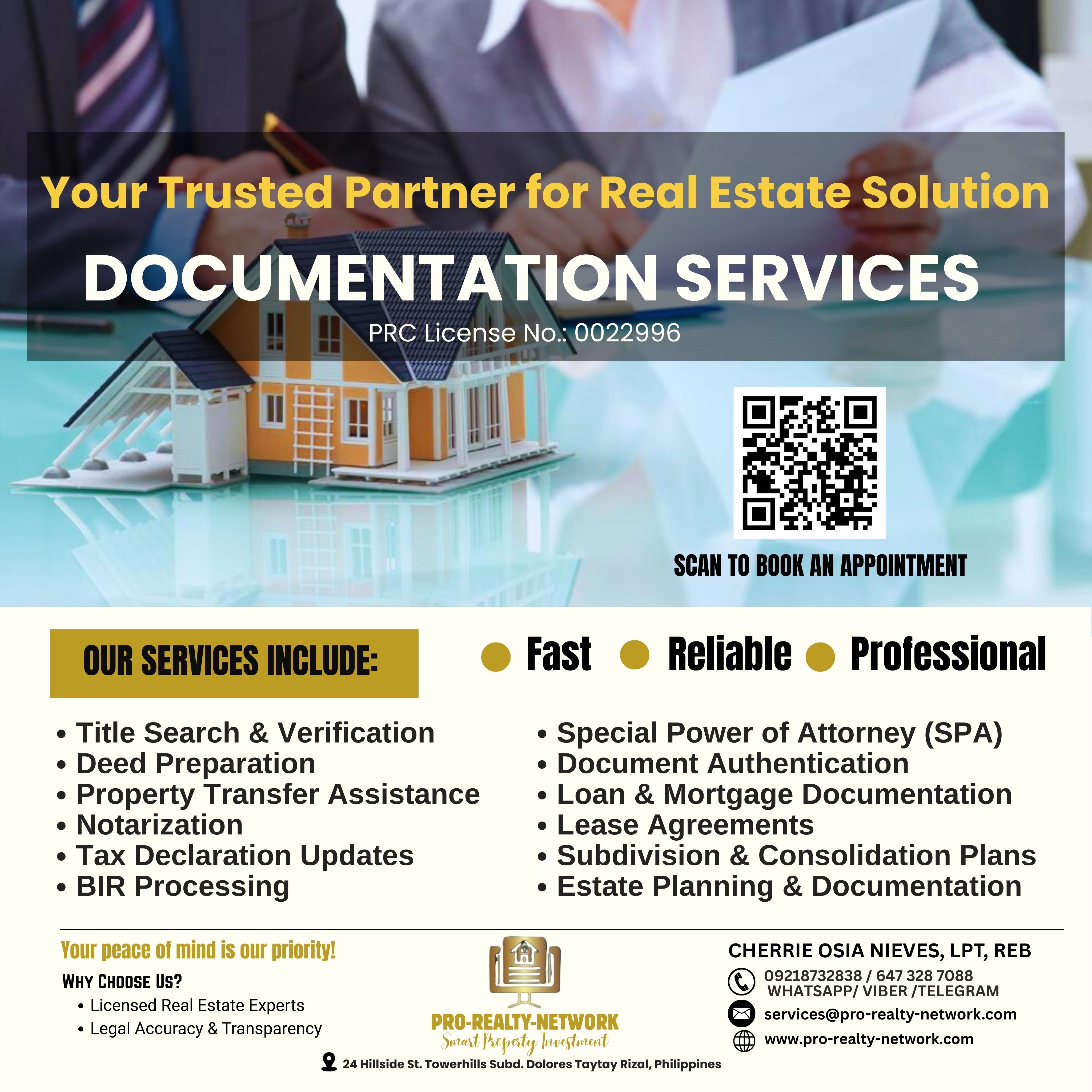 At Pro Realty Network, we understand that navigating the complexities of property transactions can be challenging and sometimes overwhelming. That’s why our real estate services extend far beyond simple buying and selling; we provide comprehensive assistance with all aspects of property documentation to ensure a seamless experience for our clients. Whether you’re acquiring a new home, selling your current property, or investing in real estate, we are committed to ensuring a smooth and accurate titling process. Our dedicated team of professionals is well-versed in the intricacies of property laws and regulations. This expertise allows us to ensure that every document is prepared correctly and submitted on time, minimizing the risk of delays or complications that can arise during transactions. We know how important it is for our clients to have peace of mind, especially during significant investments like buying or selling a property. We work closely with our clients to gather all necessary information, including title deeds, surveys, and any other required documentation. Our proactive approach ensures that we address potential issues before they become obstacles. Additionally, we keep our clients informed throughout the process, explaining each step clearly so they can make educated decisions. In addition to our documentation services, we offer guidance on related matters such as financing options, market trends, and investment opportunities. Our goal is to empower our clients with the knowledge they need to navigate the real estate landscape confidently. At Pro Realty Network, we pride ourselves on our commitment to excellence and customer satisfaction. Let us handle the complexities of property transactions so you can focus on what truly matters—achieving your real estate goals. Trust us to be your reliable partner in this journey, ensuring a smooth and successful experience from start to finish.