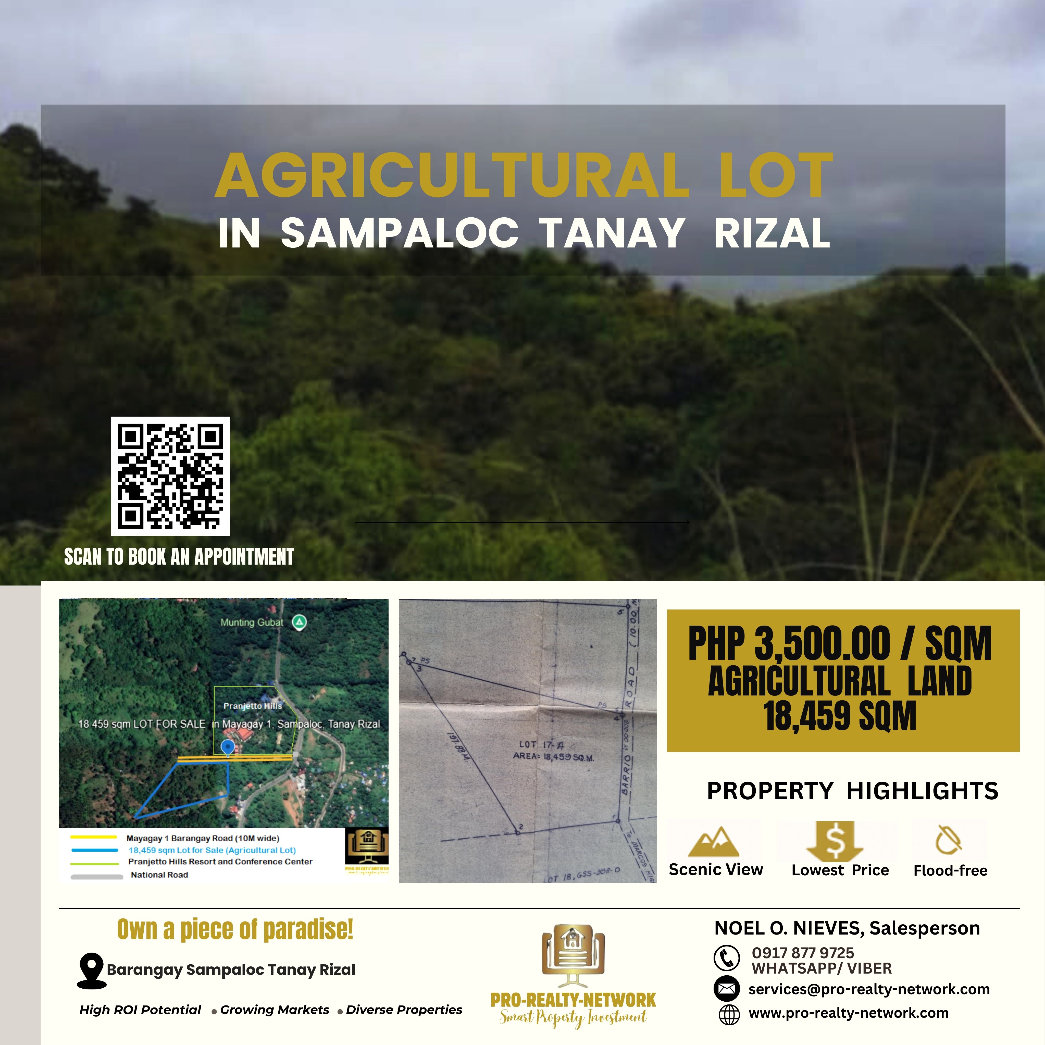 If you are looking for a property that offers endless possibilities — whether for business, tourism, or sustainable living — then this unique piece of land in Tanay, Rizal is exactly what you need.  Nestled in the serene and picturesque landscape of Mayagay 1, Sampaloc, Tanay, Rizal, this expansive 18,459 sqm lot presents an unparalleled opportunity for dreamers, developers, and investors alike. Priced at ₱3,500 per sqm, the property features a clean title and updated real property taxes, ensuring a smooth acquisition process.Perfectly positioned just before the location of the prestigious Pranjetto Resort Hills and Conference Center, it offers scenic views, and the natural beauty of Tanay. Whether your vision is a farm lot, resort & conference center, pocket subdivision, campsite, or another innovative development, this canvas is ready.     Overview & Location Area: 18,459 sqm Price: ₱3,500 per sqm Location: Mayagay 1, Sampaloc, Tanay, Rizal Title Status: Clean title with updated Real Property Tax Position: 2nd lot from Marcos Highway, with 10 m barangay road frontage. Unique Feature: Beside Pranjetto Resort Hills & Conference Center A proposed barangay road (LGU project) guarantees improved access while preserving Tanay’s peaceful vibe.     Key Features & Natural Highlights Prime Location: Next to Pranjetto Resort Hills & Conference Center—an established tourism hub. Sea of Clouds View: A majestic natural phenomenon to enchant guests. Cool Climate: Elevated terrain ensures refreshing, year‑round temperatures. Existing Fruit Trees: Mature trees provide an instant agribusiness head start. Vertical Farming Potential: Perfect for integrating sustainable vertical agriculture. Development Possibilities Recreational Campsite Leverage the greenery, hills, and sea of clouds to create an eco‑campsite activities. Tanay’s weekend tourism boom ensures quick uptake. Agribusiness Haven Combine cool weather, fruit bearing trees, and develop vertical farming to supply for farm‑to‑table experiences. Harvest, dine, and sell produce onsite for diversified income. The land is highly suitable for integrating modern vertical farming systems — a sustainable and profitable agricultural trend. Green Nature Housing Develop an eco‑village with farm lots, nature homes, and weekend retreats—blending modern living with sustainable agriculture. Tourism Hub Build a boutique resort, nature park, or adventure camp. Offer zip‑lining, glamping, yoga retreats, and survival camps to attract domestic and international travelers. Why Invest in Tanay, Rizal? Tanay is renowned for eco‑tourism, cool climate, and scenic landscapes. With new infrastructure—road expansions and improved connectivity—property values are on the rise. Investing now means capitalizing on:  Growing tourism demand (Daranak Falls, Calinawan Cave, Sierra Madre range) Year‑round weekend visitors Rising real estate appreciation This lot offers a versatile foundation for profitable and eco‑conscious projects that meet modern market needs.  Contact Us Ready to turn your vision into reality? Contact our licensed broker today:Cherrie Osia Nieves, REB, LPT  📱 09218732838 / 647 328 7088  📧 services@pro-realty-network.com  🌐 www.pro-realty-network.com  Don’t miss this chance to own a piece of Tanay’s natural paradise—secure this prime property today and build your dream project in one of the Philippines’ most enchanting destinations!