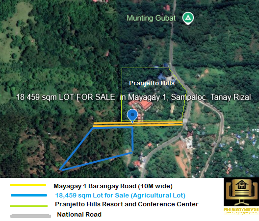 If you are looking for a property that offers endless possibilities — whether for business, tourism, or sustainable living — then this unique piece of land in Tanay, Rizal is exactly what you need.  Nestled in the serene and picturesque landscape of Mayagay 1, Sampaloc, Tanay, Rizal, this expansive 18,459 sqm lot presents an unparalleled opportunity for dreamers, developers, and investors alike. Priced at ₱3,500 per sqm, the property features a clean title and updated real property taxes, ensuring a smooth acquisition process.Perfectly positioned just before the location of the prestigious Pranjetto Resort Hills and Conference Center, it offers scenic views, and the natural beauty of Tanay. Whether your vision is a farm lot, resort & conference center, pocket subdivision, campsite, or another innovative development, this canvas is ready.     Overview & Location Area: 18,459 sqm Price: ₱3,500 per sqm Location: Mayagay 1, Sampaloc, Tanay, Rizal Title Status: Clean title with updated Real Property Tax Position: 2nd lot from Marcos Highway, with 10 m barangay road frontage. Unique Feature: Beside Pranjetto Resort Hills & Conference Center A proposed barangay road (LGU project) guarantees improved access while preserving Tanay’s peaceful vibe.     Key Features & Natural Highlights Prime Location: Next to Pranjetto Resort Hills & Conference Center—an established tourism hub. Sea of Clouds View: A majestic natural phenomenon to enchant guests. Cool Climate: Elevated terrain ensures refreshing, year‑round temperatures. Existing Fruit Trees: Mature trees provide an instant agribusiness head start. Vertical Farming Potential: Perfect for integrating sustainable vertical agriculture. Development Possibilities Recreational Campsite Leverage the greenery, hills, and sea of clouds to create an eco‑campsite activities. Tanay’s weekend tourism boom ensures quick uptake. Agribusiness Haven Combine cool weather, fruit bearing trees, and develop vertical farming to supply for farm‑to‑table experiences. Harvest, dine, and sell produce onsite for diversified income. The land is highly suitable for integrating modern vertical farming systems — a sustainable and profitable agricultural trend. Green Nature Housing Develop an eco‑village with farm lots, nature homes, and weekend retreats—blending modern living with sustainable agriculture. Tourism Hub Build a boutique resort, nature park, or adventure camp. Offer zip‑lining, glamping, yoga retreats, and survival camps to attract domestic and international travelers. Why Invest in Tanay, Rizal? Tanay is renowned for eco‑tourism, cool climate, and scenic landscapes. With new infrastructure—road expansions and improved connectivity—property values are on the rise. Investing now means capitalizing on:  Growing tourism demand (Daranak Falls, Calinawan Cave, Sierra Madre range) Year‑round weekend visitors Rising real estate appreciation This lot offers a versatile foundation for profitable and eco‑conscious projects that meet modern market needs.  Contact Us Ready to turn your vision into reality? Contact our licensed broker today:Cherrie Osia Nieves, REB, LPT  📱 09218732838 / 647 328 7088  📧 services@pro-realty-network.com  🌐 www.pro-realty-network.com  Don’t miss this chance to own a piece of Tanay’s natural paradise—secure this prime property today and build your dream project in one of the Philippines’ most enchanting destinations!