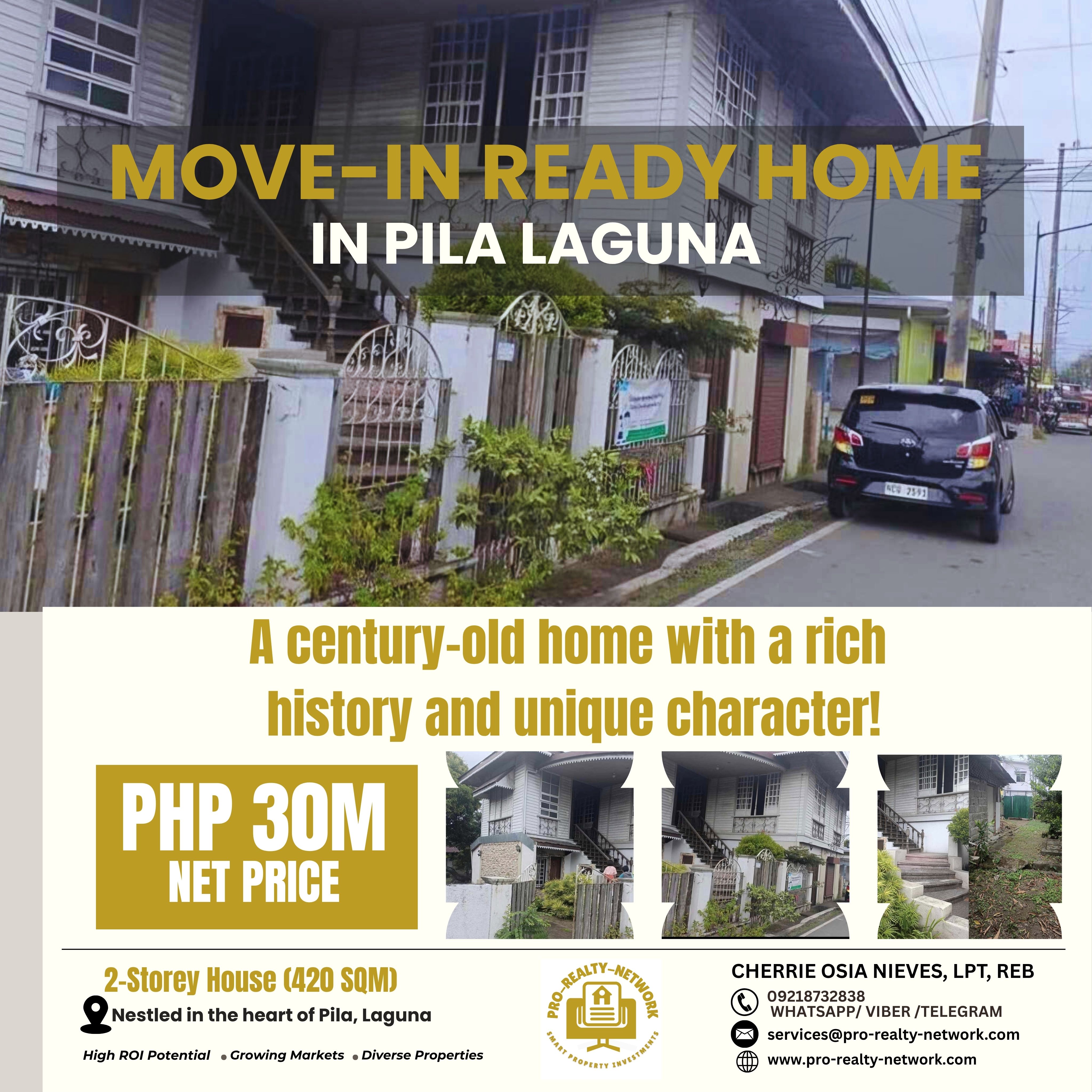  Own a Timeless Treasure: 100-Year-Old Heritage House for Sale in Pila, Laguna Step into the charm of old-world elegance and embrace the opportunity to own a piece of Philippine history! This 2-storey, 100-year-old heritage house sits on a prime 420 sqm lot in the heart of Pila, Laguna — a town renowned for its rich cultural heritage and well-preserved Spanish colonial homes. 📍 Location: Phase 4, Block 2, Lot 1, Pila, Laguna  💰 Price: ₱30,000,000 NET  📐 Lot Size: 420 sqm  🏛️ Includes: Select vintage furniture  📑 Title: Clean and ready for transfer  📞 Contact: Cherrie Osia Nieves, LPT, REB I 0921 873 2838 | services@pro-realty-network.com  ✨ Why This Property is a Rare Gem ✅ Authentic 100-Year-Old Architecture — Vintage woodwork, high ceilings, and timeless character await restoration or adaptive reuse.   ✅ Prime Location — Right across Alfamart, just a stroll from San Antonio de Padua Parish Church and the town plaza.   ✅ High Investment Potential — Ideal for a boutique business, heritage Airbnb, or private residence with commercial zoning possibilities.   ✅ Spacious & Flexible Layout — The generous lot size provides options to restore, renovate, or expand.   ✅ Cultural & Tourism Appeal — Located within a UNESCO-recognized heritage town, part of a protected historical district.    🌿 Live Where History Lives Pila, Laguna is more than a town — it’s a living museum. Known as the "Heritage Town of Laguna," it has been declared a National Historical Landmark by the NHCP for its preserved Spanish-era architecture, tree-lined streets, and cultural vibrance. Walking around the plaza feels like traveling through time. The house is steps away from daily conveniences — shops, cafés, local eateries — yet offers the ambiance of a heritage village. Whether you're looking for a private sanctuary with soul or a business opportunity that stands out, this location is second to none.  🛠️ Restore or Reimagine: Endless Possibilities 🛋️ Charming Residence: A one-of-a-kind home for those who love history, peace, and provincial beauty.   ☕ Boutique Café or Airbnb: Capitalize on the town's growing popularity with heritage tourism.   🖼️ Gallery or Creative Space: Inspire art, culture, and community while preserving its vintage charm.   Interior renovations are allowed with respect to heritage guidelines — keeping the façade intact ensures you stay compliant while making the space your own.  📌 FAQs at a Glance Condition: Good structural condition with character-rich interiors; ideal for restoration.   Furnishings: Select vintage furniture included.   Accessibility: Easily accessible from Metro Manila via SLEX and national highways.   Utilities: Standard water and electricity available.   Zoning/Usage: Can be residential or commercial (with heritage compliance).   Heritage Restrictions: Mostly for exterior; interiors can be adapted with appropriate guidance.