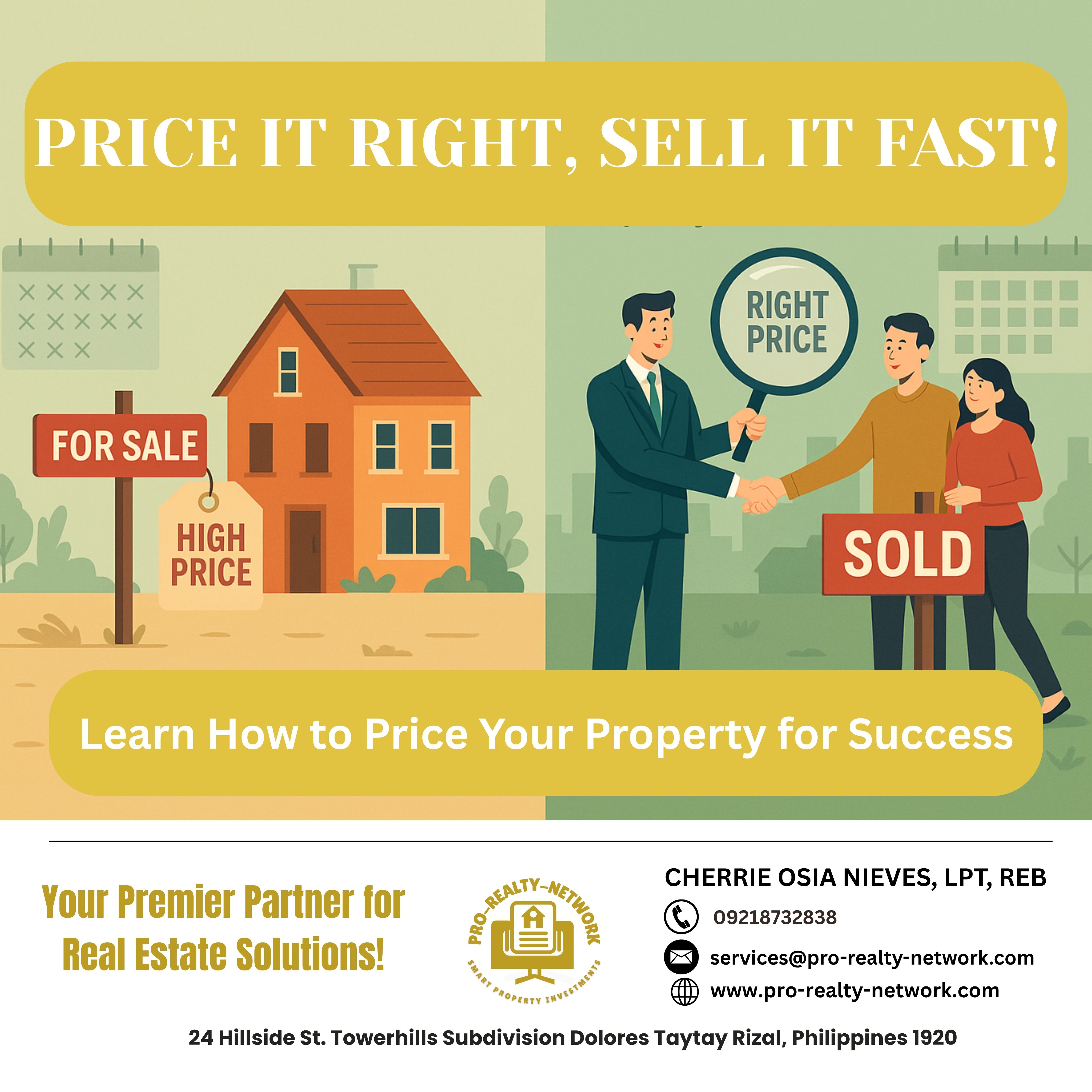 Are you planning to sell your property soon? Whether it’s a residential home, an investment condo, a farm lot, or commercial land—pricing it right from the start is key to attracting serious buyers and getting top value.At Pro Realty Network, we guide sellers through a strategic pricing process that helps minimize time on the market while maximizing returns. Here’s what you need to know to price your property correctly and confidently.  ✅ Why Pricing Matters Overpricing can scare off buyers and lead to months (or even years!) of unsold listings. On the other hand, underpricing means leaving money on the table. A well-priced property:  Draws immediate attention Encourages multiple offers Sells faster with fewer negotiations Reflects your property’s real market value 📊 Step-by-Step: How to Price Your Property Right 1. Know Your Market Start by understanding current trends in your location. Prices vary based on demand, inventory, and location-specific features. In-demand areas like Antipolo, Nuvali, Taytay, or Pila Laguna can command a premium—especially for unique or prime-located properties.  2. Research Comparable Properties (Comps) Check recent sales of similar properties nearby in terms of size, location, condition, and features. At Pro Realty Network, we use real-time data to provide clients with accurate comps, so you don't have to guess.  3. Factor in Unique Selling Points Does your property have a corner lot advantage? Scenic views? Is it Airbnb-ready or near a commercial hub? Highlighting and valuing these upgrades helps justify your asking price.  4. Assess the Condition Buyers will pay more for well-maintained or move-in ready homes. If your property needs repairs, that must be reflected in the price—or consider doing improvements for a better return.  5. Consider Professional Appraisal If you're unsure how to proceed, get a licensed appraiser’s report. This unbiased evaluation gives you a fair market value and builds buyer trust.  💡 Pro Tip: Price to Create Urgency Setting your price slightly below market value can sometimes create a bidding war. However, this works best in high-demand areas and should be done with a real estate professional’s guidance.  🏡 How We Can Help at Pro Realty Network We provide a free property assessment for sellers and a customized marketing plan to match. Our services include:  Comparative Market Analysis (CMA) Professional Listing Photos/Videos Targeted Online & Social Media Ads Buyer Screening and Negotiation Assistance Document Handling and Title Verification 📍 Ready to Sell? Let’s get your property listed at the right price—fast, fair, and hassle-free.📩 Contact us today:  CHERRIE OSIA NIEVES, REB, LPT  📞 0921-873-2838 (Viber/WhatsApp)  📧 services@pro-realty-network.com  🌐 www.pro-realty-network.com