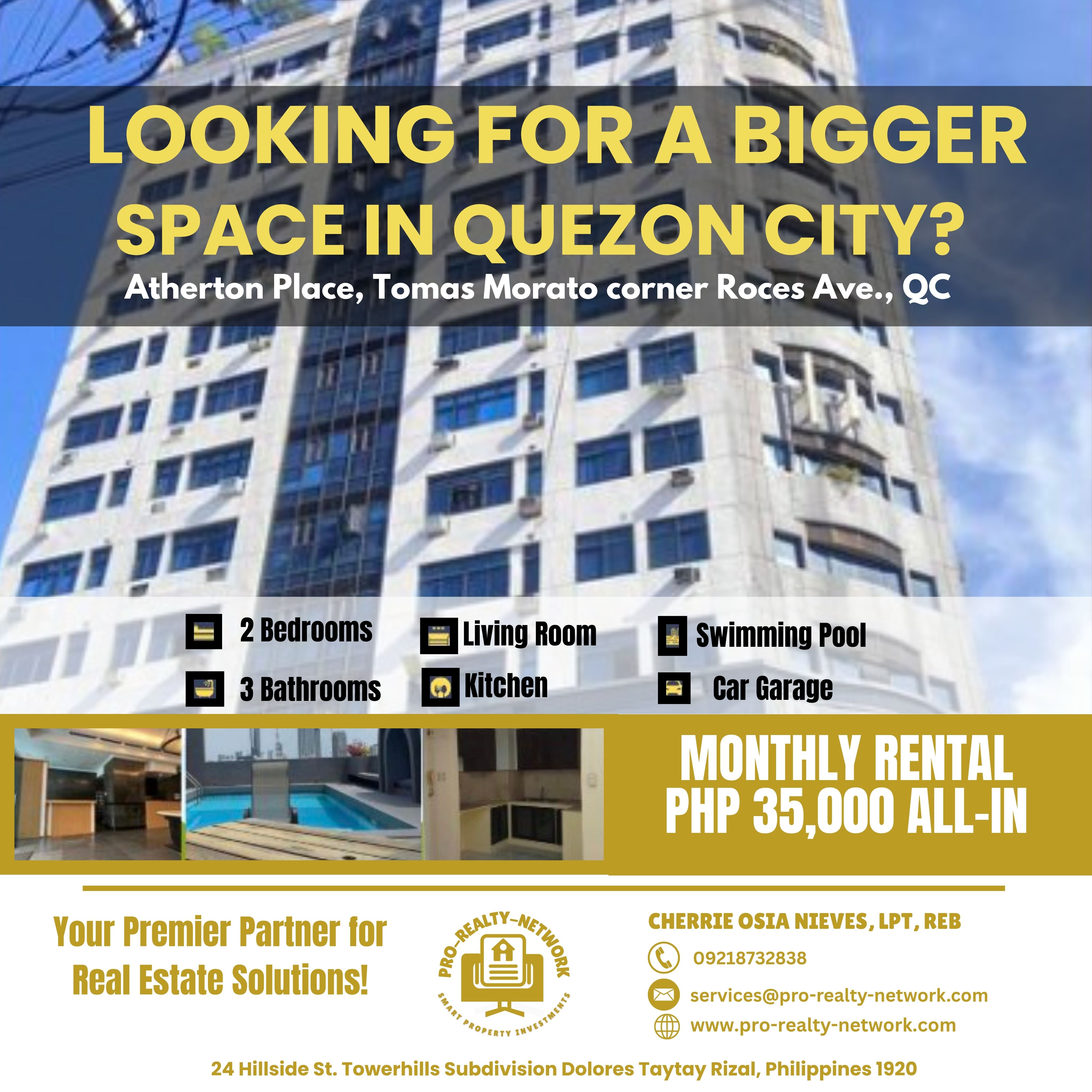 🎯 Looking for a Bigger Living Space in Quezon City? Discover the comfort and convenience of this spacious 2-bedroom condo unit for rent at Atherton Place, located at the prime corner of Tomas Morato and Roces Avenue, Quezon City. With a generous floor area of 76 sqm, this unit is perfect for families, professionals, or shared living.  Enjoy 2 bedrooms, 3 bathrooms, a large and airy living room, plus a well-equipped kitchen and dedicated laundry area. It also includes 1 parking slot and access to building amenities such as a swimming pool, making it ideal for those seeking work-life balance. The unit is designed for privacy and peace of mind—only 5 units per floor—offering a more exclusive and spacious living experience.  Strategically located near public transportation, hospitals, convenience stores like 7/11, Kamuning Market, and more, this home is not only accessible but highly convenient. Whether you're working from home or commuting daily, you'll appreciate the connectivity and lifestyle this property offers.  💰 Rental price is only ₱35,000/month, inclusive of condo dues and association fees—no hidden charges. The unit is move-in ready, so you can settle in right away without the hassle.  📌 Limited units available in this high-demand area—don’t miss your chance to live in one of Quezon City’s most sought-after locations.  📲 Schedule a viewing today! Cherrie Osia Nieves, REB, LPT 📱 0921 873 2838 (Viber, WhatsApp, Telegram) 🌐 www.pro-realty-network.com 📧 services@pro-realty-network.com