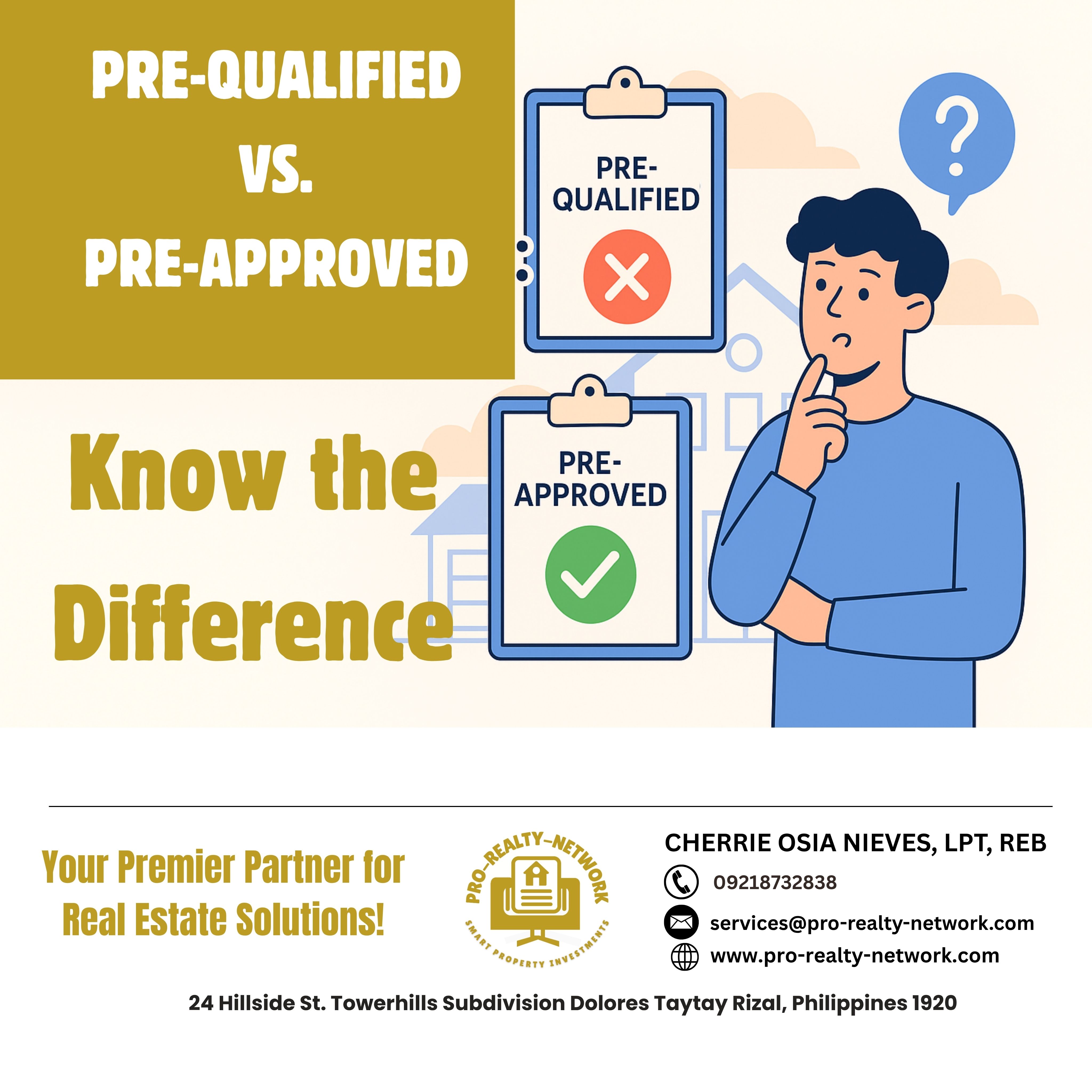 🏡 Buyer Tip: Pre-Qualified vs. Pre-Approved — Know the Difference! If you’re considering buying a property in the Philippines — whether in Metro Manila, Rizal, Batangas, or Laguna — you’ve likely heard the terms “pre-qualified” and “pre-approved” mentioned by real estate agents or bank representatives. While they may sound similar, these two steps play very different roles in your home-buying journey. Understanding the difference between them can help you avoid delays, secure better deals, and even win over sellers in a competitive market.  🎯 What Does It Mean to Be Pre-Qualified? Being pre-qualified means that a bank or Pag-IBIG Fund has given you an initial estimate of how much housing loan you might be eligible for. This is based on the basic financial information you provide — no documents required yet.  ✅ Key Features:  Based on self-declared income and expenses   Done through an online form, mobile app, a short conversation with a loan officer or even with the Real Estate Brokers / Agents  No document submission   No credit investigation yet   Free and fast — results may be available in minutes   📝 What You'll Be Asked: Your monthly salary or income   Existing debts or monthly obligations   Employment type (e.g., employed, self-employed, OFW)   Age and civil status   Desired loan amount and repayment period   This is useful for people who are exploring their options and want to know their rough loanable amount.  ✅ What Does It Mean to Be Pre-Approved? Pre-approval is the next and more serious step. It means you’ve submitted official documents to a bank or Pag-IBIG, and they’ve done a background and credit investigation to determine your actual loan eligibility. ✅ Key Features: Requires document submission   Involves a Bureau of Internal Revenue (BIR) and Credit Information Corporation (CIC) check   May involve bank background checks and interviews   Provides a Conditional Loan Approval or Pre-Approval Letter   Shows sellers you are a serious and ready buyer   📂 Common Requirements for Pre-Approval (Philippines): Valid government-issued ID   Certificate of Employment and Compensation or latest payslips   Latest ITR or BIR Form 2316   Bank statements (if self-employed, include business permits and financial statements)   Proof of billing address   Marriage certificate (if applicable)   This gives you buying power and allows you to act fast when you find your ideal property.  🔍 Side-by-Side Comparison: Feature Pre-Qualified        Pre-Approved Accuracy Initial estimate        Verified eligibility Document Requirement None        Yes Credit/Background Check No        Yes (CIC, BIR, employment            background) Validity N/A        Valid for 60–90 days Confidence for Seller Low        High – seen as financially capable          buyer Loan Approval Guarantee None        Higher chance of final loan approval   🏦 Why This Matters in the Philippine Real Estate Market In the Philippines, it’s common for homebuyers to search for properties before securing their financing. However, this can lead to complications, especially if the buyer is not actually eligible for the amount needed. By getting pre-approved, you: Avoid wasting time on unaffordable listings   Know your actual loan capacity   Can reserve units faster (especially in high-demand preselling projects)   Show sellers and developers that you’re financially prepared    💡 Pro Realty Tip: Before requesting a property viewing or tripping, ask yourself: 