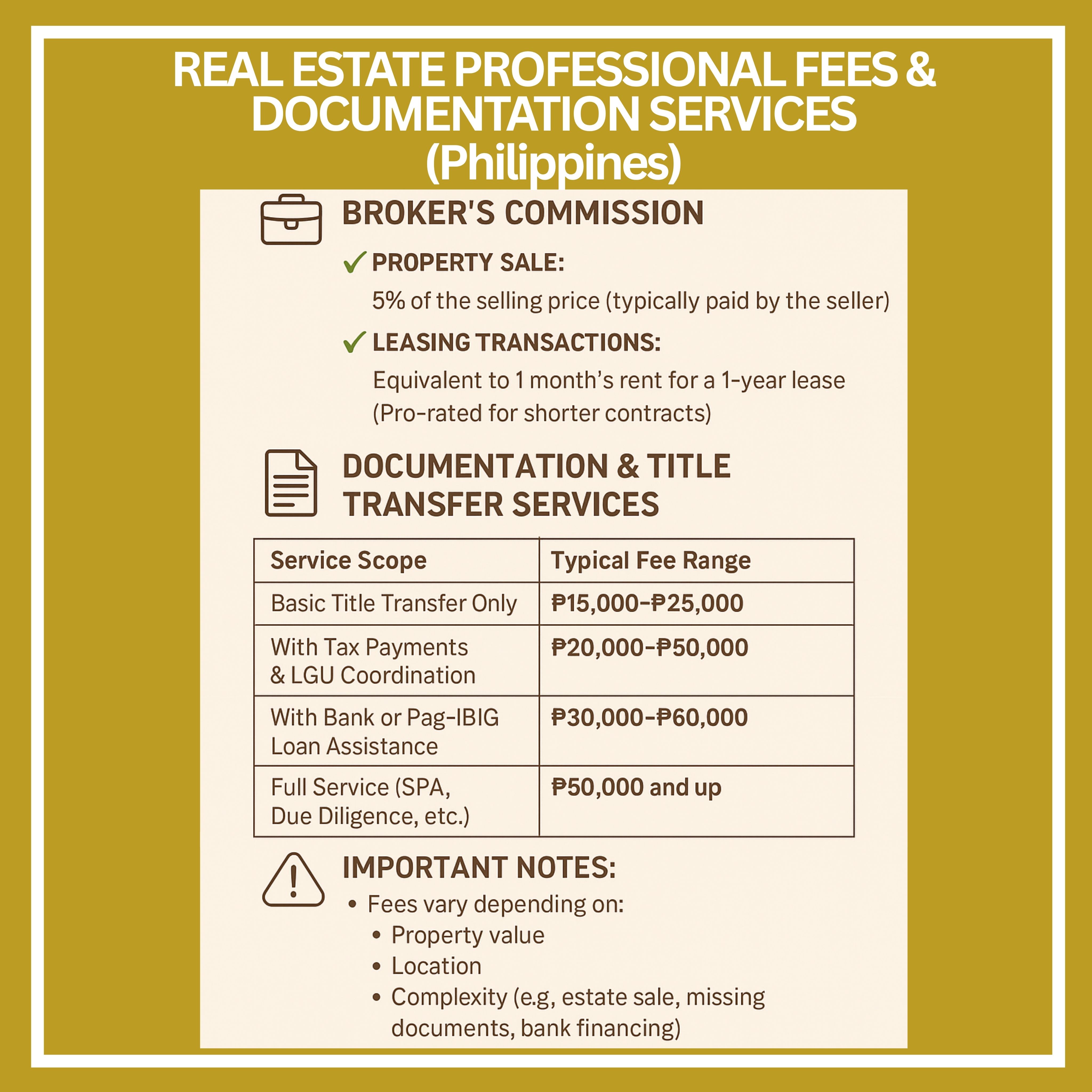 📋 Real Estate Professional Fees & Documentation Services in the Philippines What Every Home Buyer and Seller Should Know Navigating real estate transactions in the Philippines doesn’t stop at just finding the perfect home or buyer. There are professional fees and documentation services involved—and knowing what to expect can save you time, money, and unnecessary stress. Whether you're buying, selling, or leasing property, here's a quick but detailed guide to real estate broker commissions and documentation service fees in the Philippines.  💼 1. Broker’s Commission Hiring a licensed real estate broker gives you access to market knowledge, negotiation skills, and professional handling of legal documentation. But how are they compensated? ✅ For Property Sales 🟢 5% or more of the selling price  This is the standard broker’s commission, typically paid by the seller. However, this may vary depending on the agreement between parties. ✅ For Leasing Transactions 🟢 Equivalent to 1 month’s rent for a 1-year lease  🔁 For shorter lease terms, the commission is pro-rated accordingly. 💡 Tip: Always clarify whether the commission includes post-sale services like title transfer assistance.  📄 2. Documentation & Title Transfer Services Beyond closing a deal, there’s the paperwork—and lots of it. If your broker or a third-party handles title transfer and loan documentation, expect separate fees on top of commissions. Here’s a quick breakdown of typical service packages and their estimated cost: 🛠️ Service Scope 💰 Typical Fee Range Basic Title Transfer Only ₱15,000 – ₱25,000 With Tax Payments & LGU Coordination ₱20,000 – ₱50,000 With Bank or Pag-IBIG Loan Assistance ₱30,000 – ₱60,000 Full Service (SPA, Due Diligence, etc.) ₱50,000 and up   📑 What’s Included in Documentation Services? Professional documentation service providers will typically handle: 🧾 BIR Submission & Tax Computation   🏦 Payment of Capital Gains Tax (CGT), Documentary Stamp Tax (DST), and Transfer Tax   📜 Title Transfer with the Registry of Deeds   🏢 New Tax Declaration with the City Assessor   🖋️ Preparation and Notarization of Special Power of Attorney (if needed)   💳 Loan Processing and Insurance (for bank or Pag-IBIG financing)    ⚠️ Important Notes: Real estate service fees can vary greatly depending on: 📍 Property location   💰 Market value of the property   📂 Complexity of the case (e.g., incomplete documentation, estate sale, or properties under mortgage)   Some brokers may offer basic documentation support as part of their service, while others partner with legal firms or title processors for more complex transactions.  💡 Pro Tip: Ask upfront if documentation services are included in your broker’s fee or offered as an add-on. Having this handled professionally can help avoid costly delays and legal issues.  📞 Need Professional Assistance? At Pro Realty Network, we make your property journey smooth and stress-free by guiding you through the entire process—from pre-qualification to move-in.  ✅ Transparent Fees  ✅ Expert Support  ✅ Hassle-Free Paperwork  📲 Let’s Talk! 📞 Call or Message: 0921-873-2838  📧 Email: services@pro-realty-network.com  🌐 Visit: www.pro-realty-network.com   📅 Book Your Appointment Here => https://www.pro-realty-network.com/schedule-an-appointment/business-sales-salesperson-interview-other-appointment