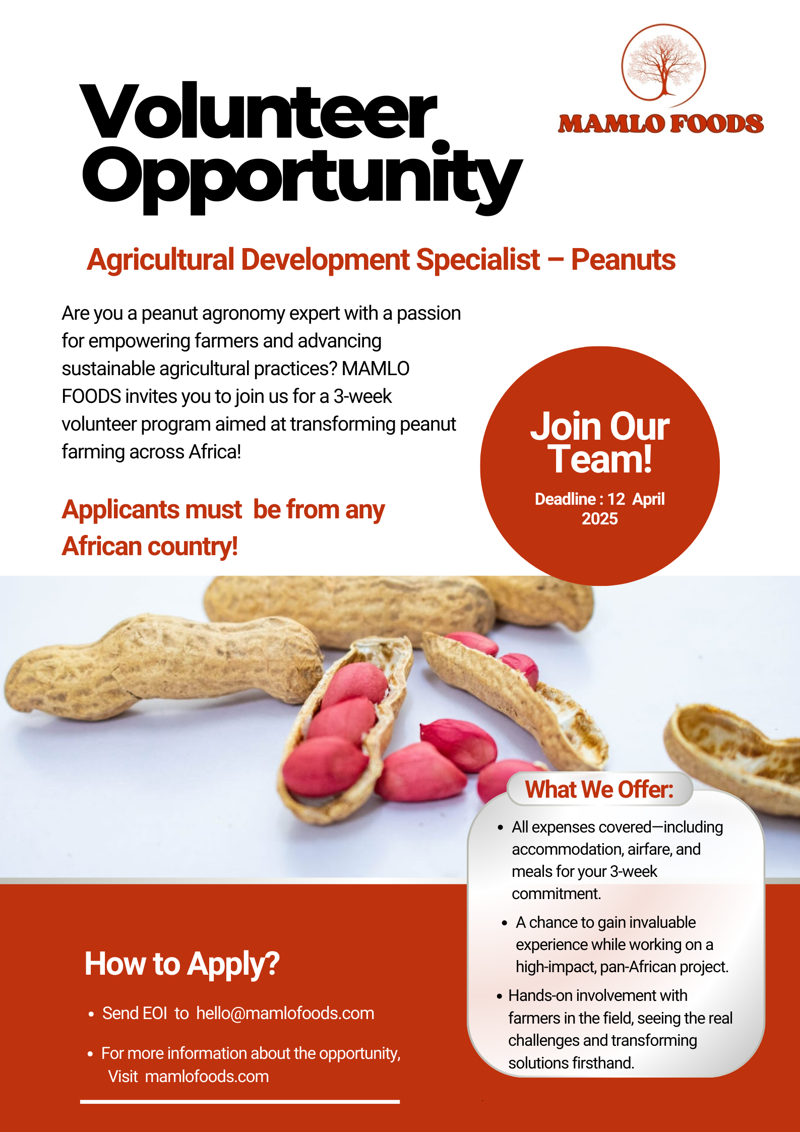 Volunteer Opportunity: Agricultural Development Specialist – Peanuts(Urgent)