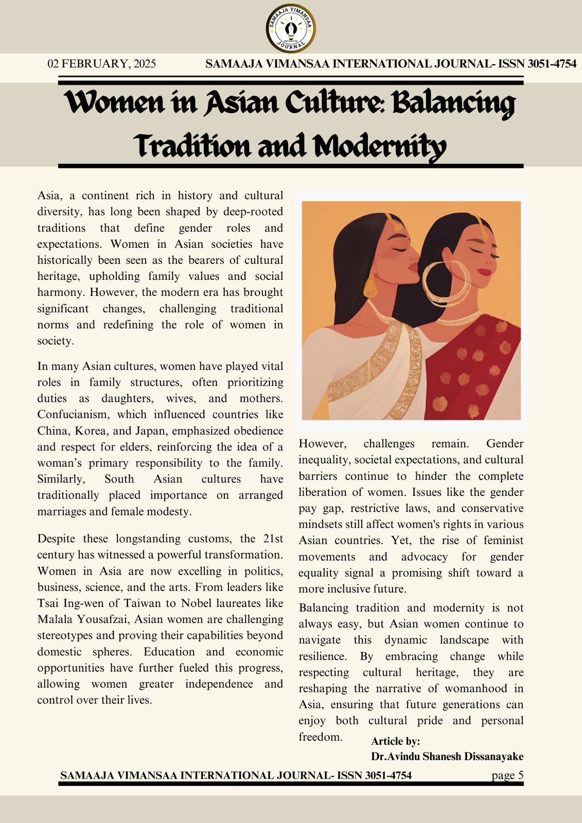 "Women in Asian Culture: Balancing Tradition and Modernity," has been officially published in SAMAAJA VIMANSAA INTERNATIONAL JOURNAL