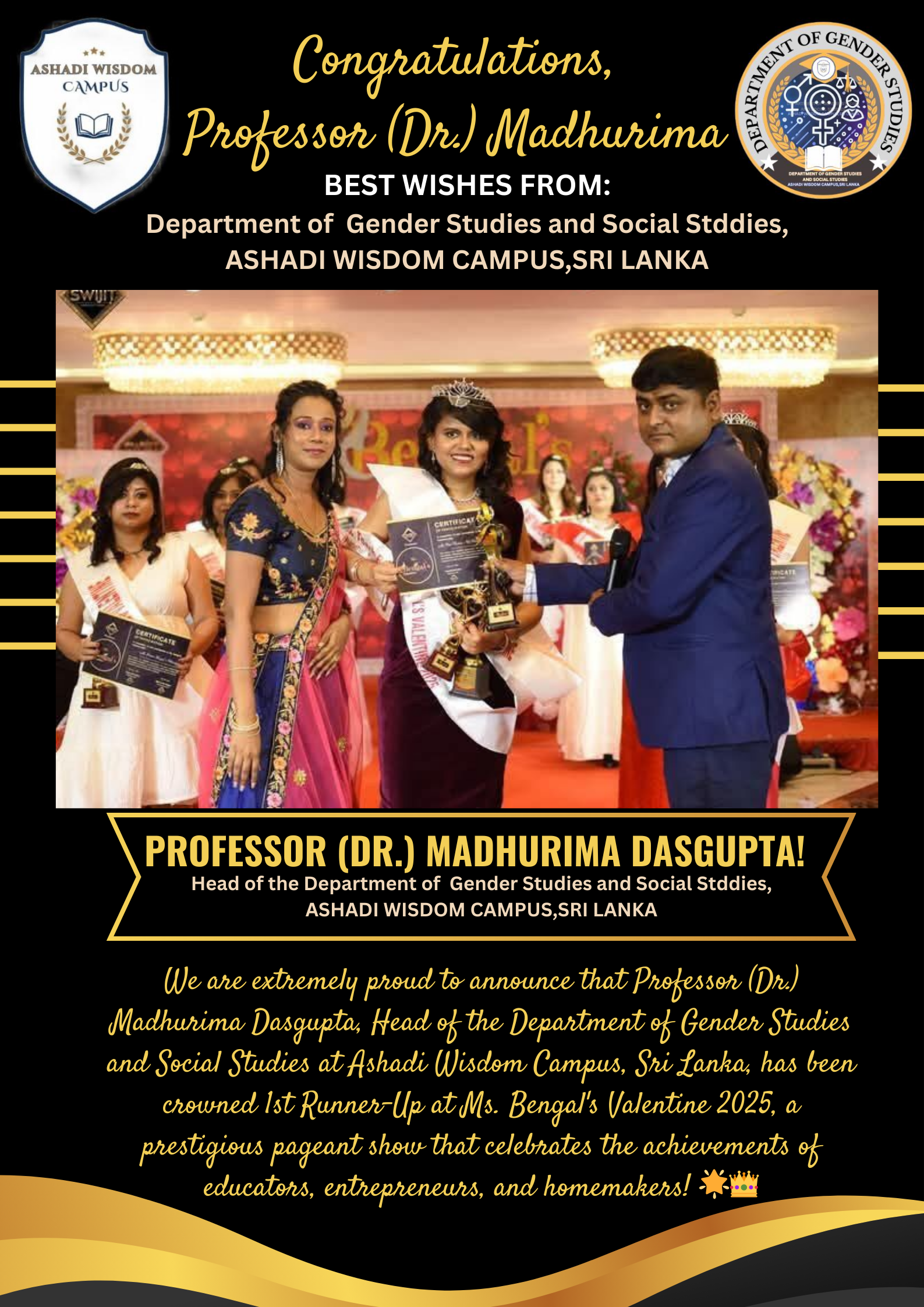 Professor (Dr.) Madhurima Dasgupta Honored as 1st Runner-Up at Ms. Bengal's Valentine 2025