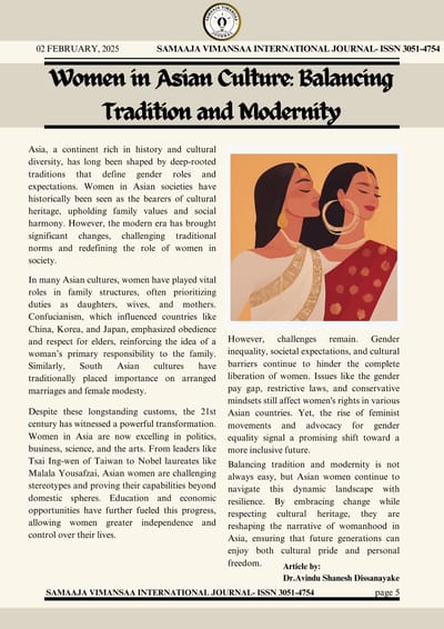 "Women in Asian Culture: Balancing Tradition and Modernity," has been officially published in SAMAAJA VIMANSAA INTERNATIONAL JOURNAL