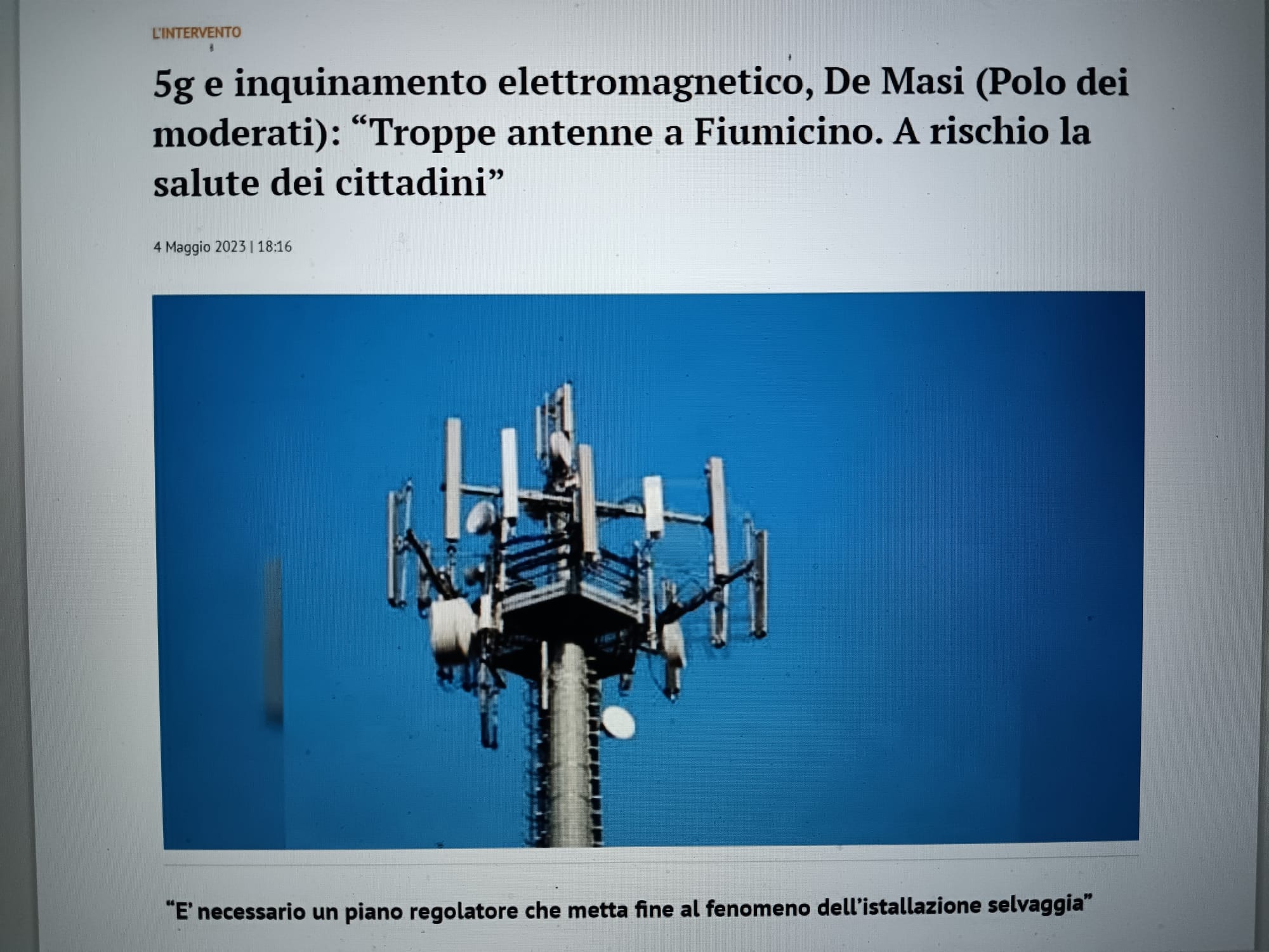 5G E INQUINAMENTO ELETTROMAGNETICO, DE MASI (POLO DEI MODERATI) "TROPPE ANTENNE A FIUMICINO, A RISCHIO LA SALUTE DEI CITTADINI"