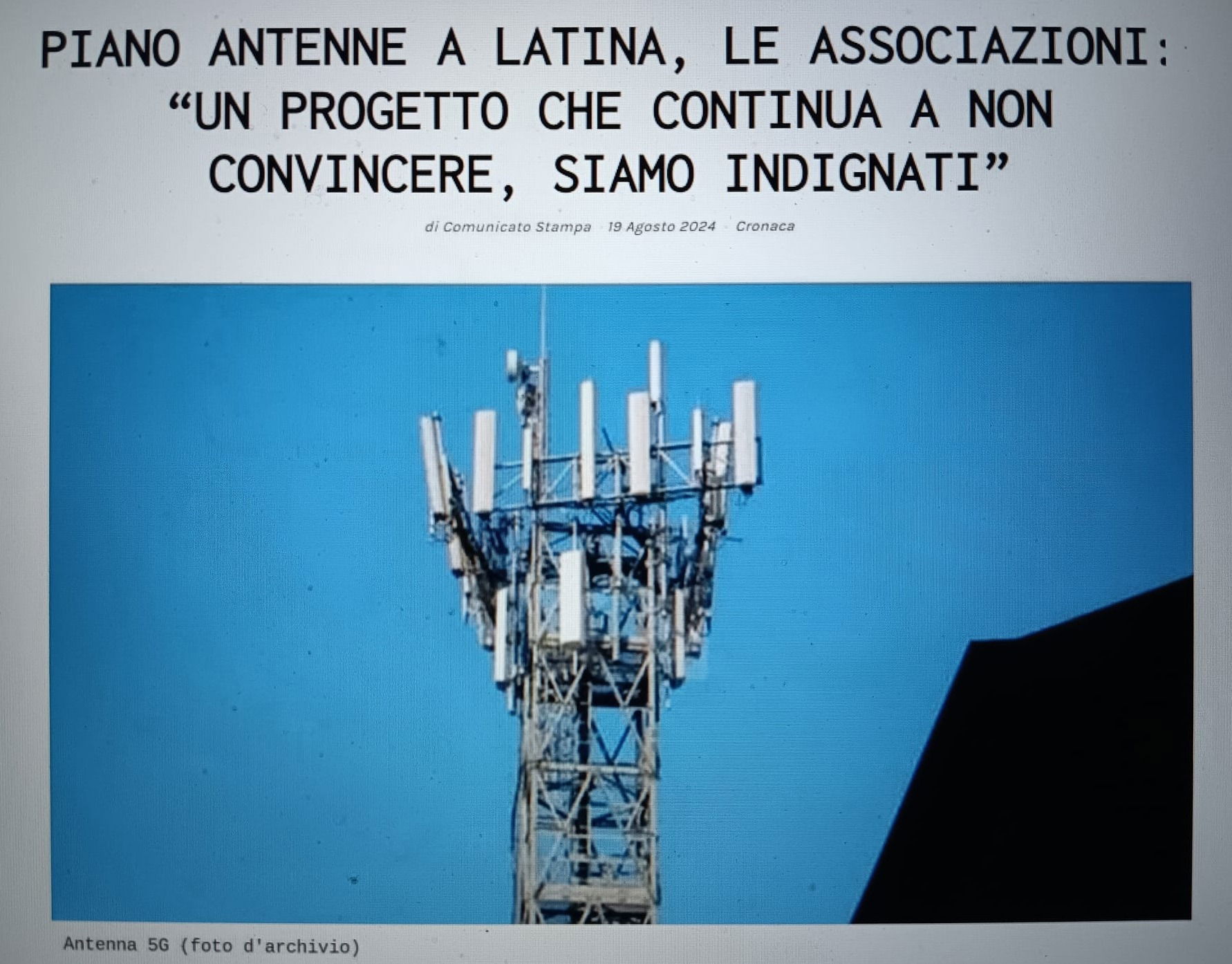 PIANO ANTENNE A LATINA, LE ASSOCIAZIONI: "UN PROGETTO CHE CONTINUA A NON CONVINCERE, SIAMO INDIGNATI"