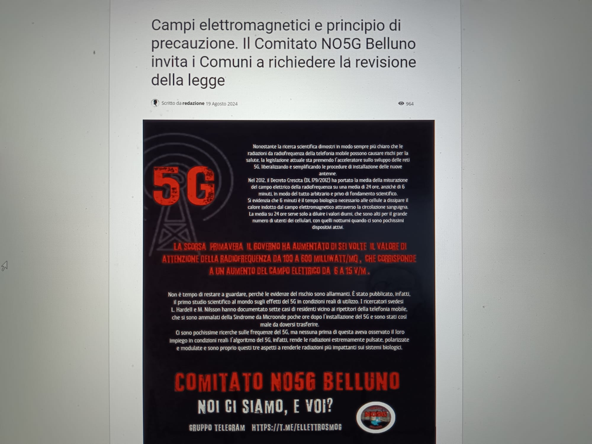 CAMPI ELETTROMAGNETICI E PRINCIPIO DI PRECAUZIONE. IL COMITATO NO5G BELLUNO INVITA I COMUNI A RICHIEDERE LA REVISIONE DELLA LEGGE