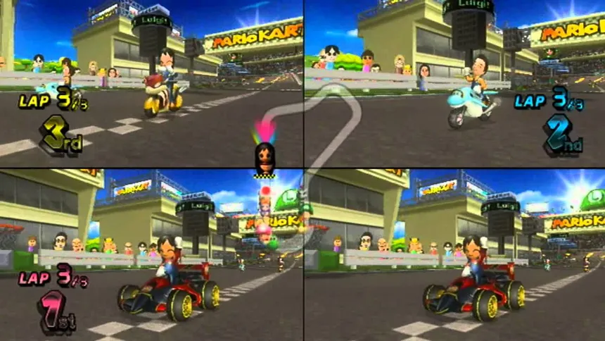 A view of the classical 4 player split screen of Mario Kart.