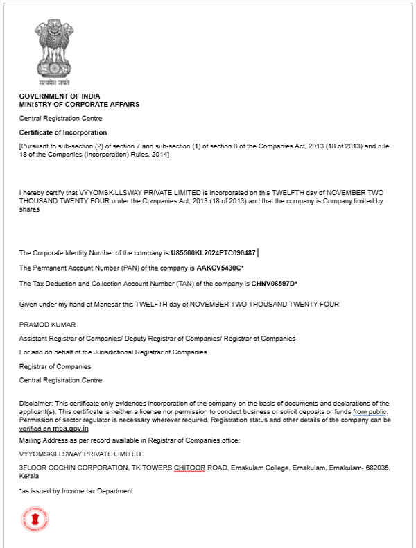 Incorporation Certificate
