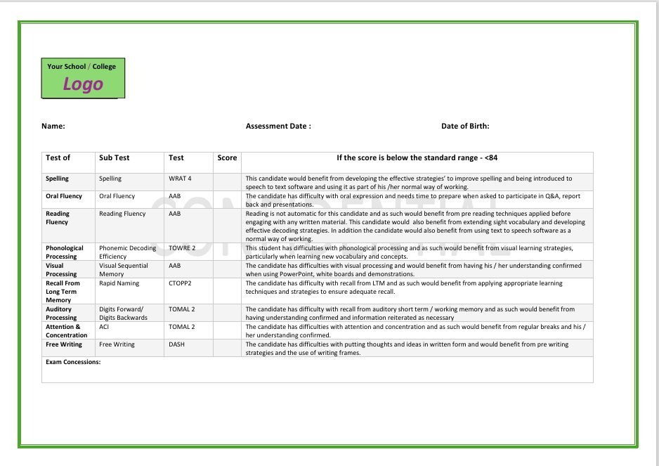 Results Grid / Cognitive profile - completed for every student
