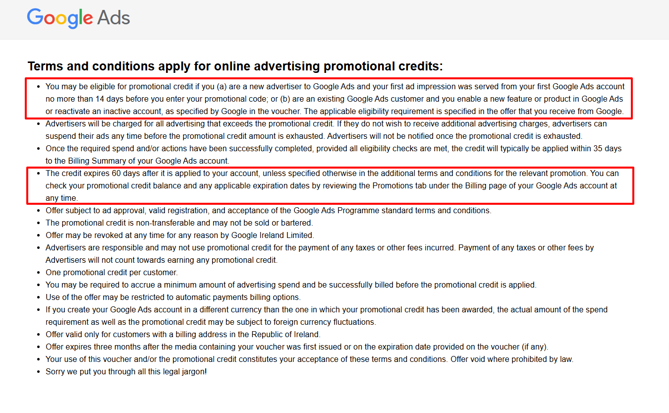 Eligibility criteria for Google ads credit in Irelnd in 2025