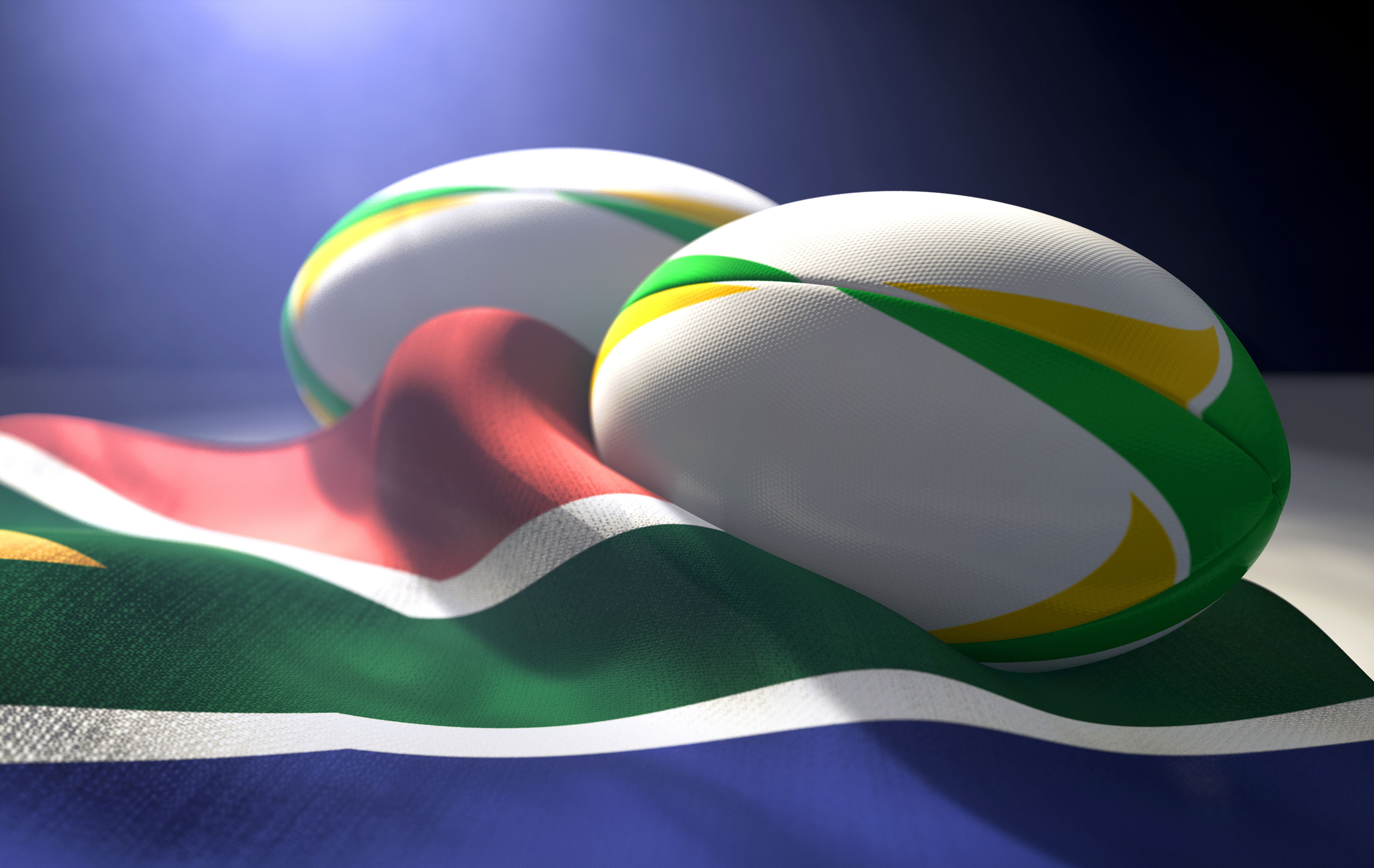 Image of the South Africa National Flag and two rugby balls on the Springbok colours