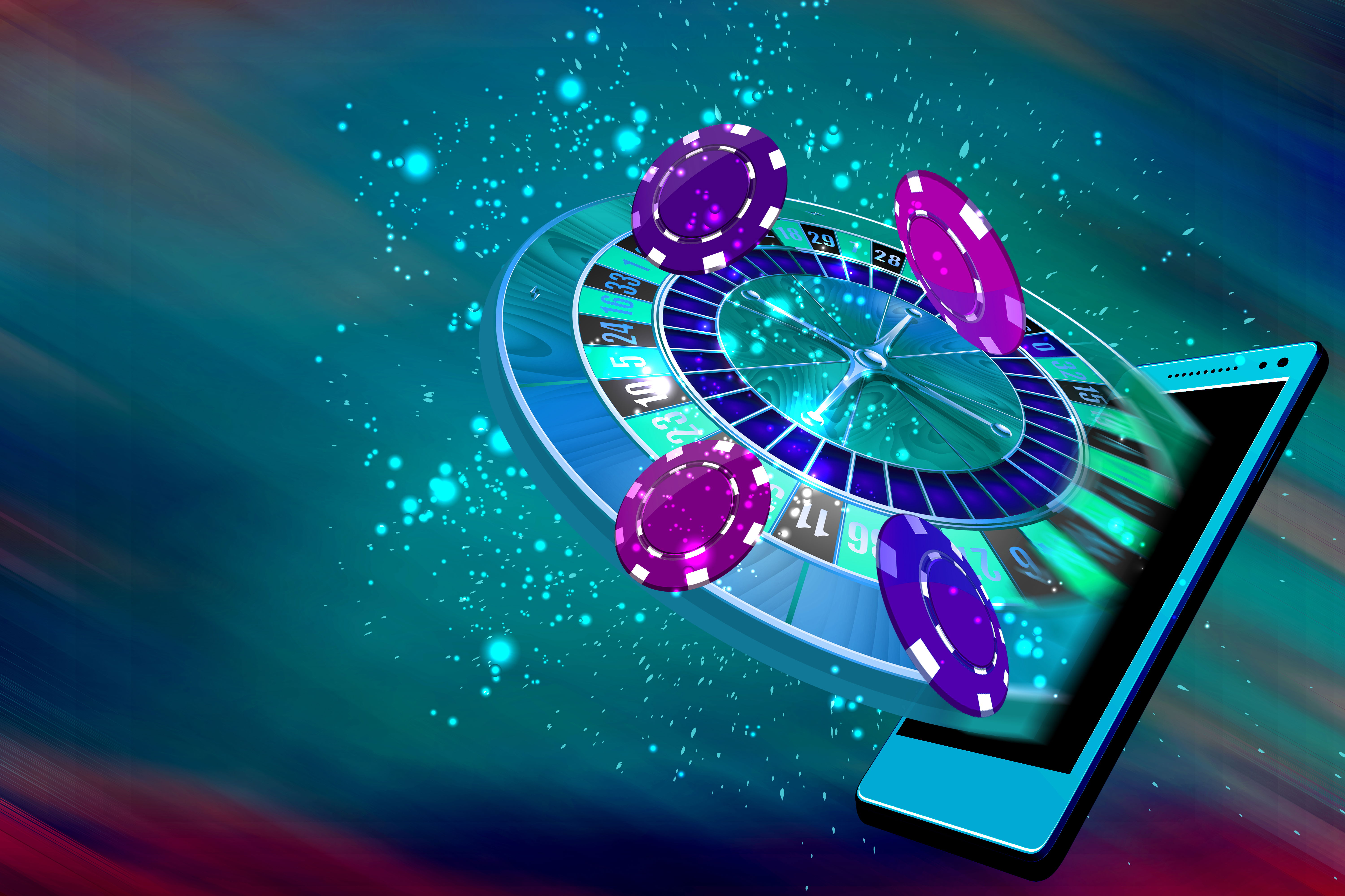 A casino roulette wheel in the form of a flat casino chip emerging from a mobile device